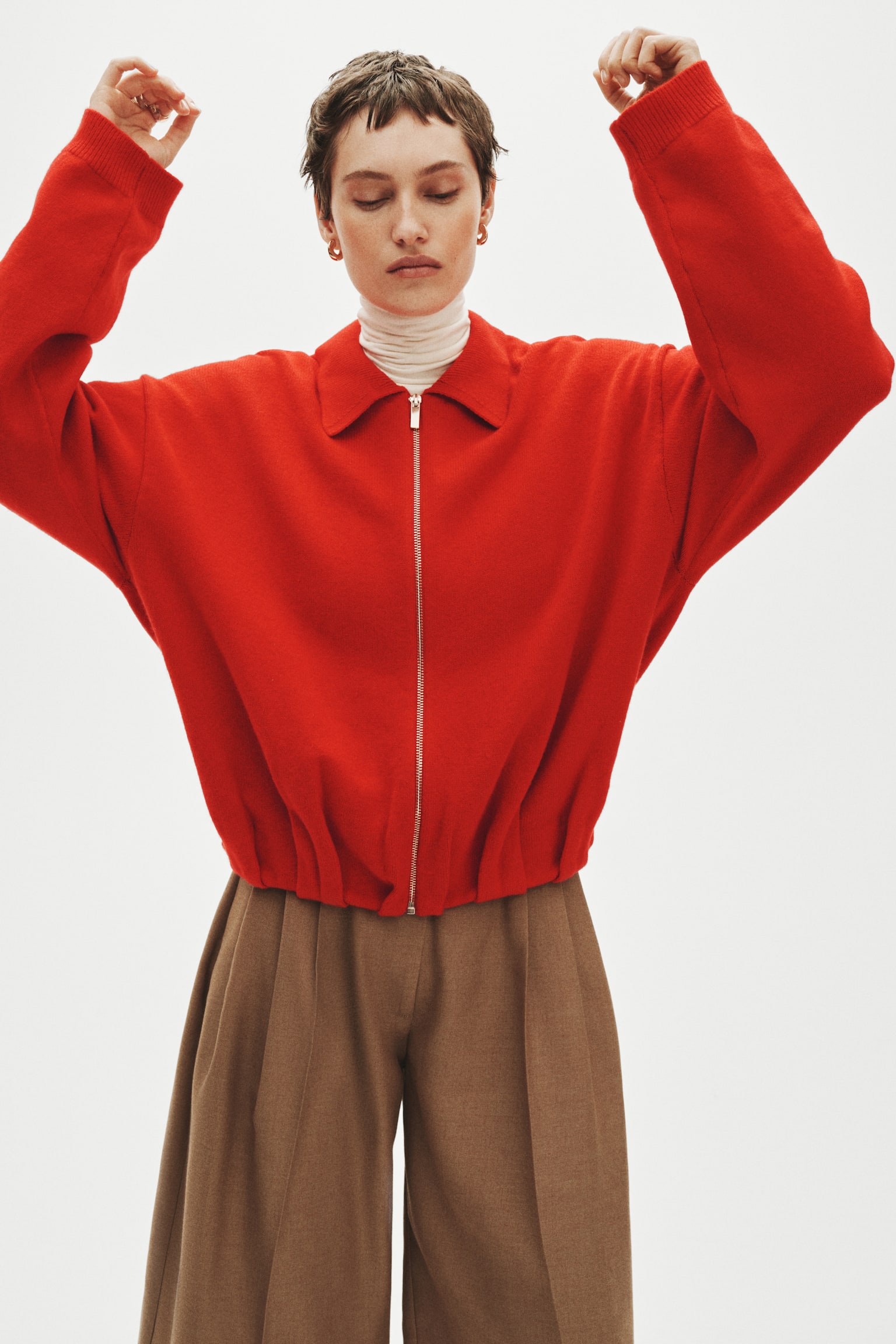 Kardigan oversize z suwakiem - Czerwony/Ciemnobeżowy - 3