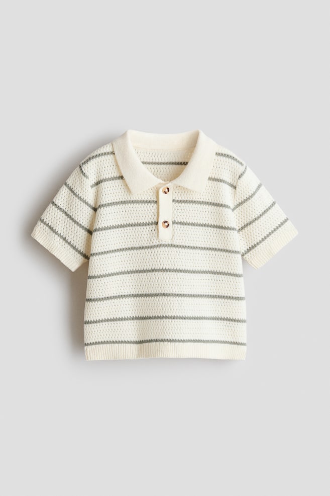 Pointelle-Knit Polo Shirt - Cream/green striped - 1