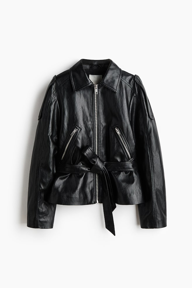 Coated tie-belt jacket - Black - 1