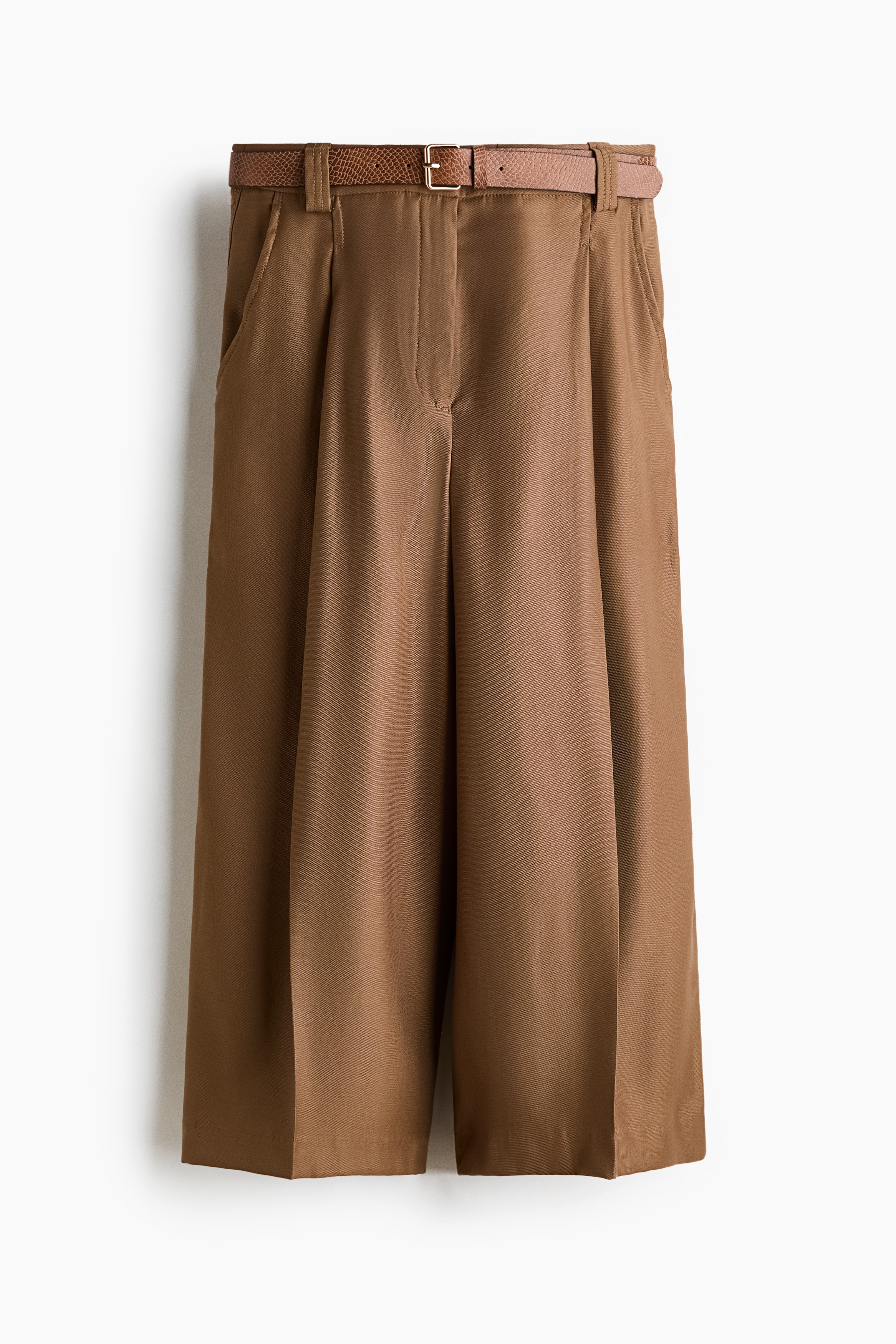 Belted Twill Culottes - Dark beige