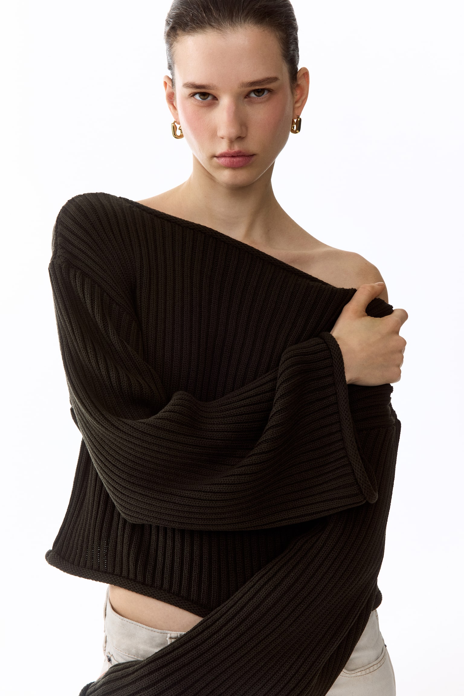 Pull en maille côtelée avec encolure bateau - Vert foncé/Beige clair - 1