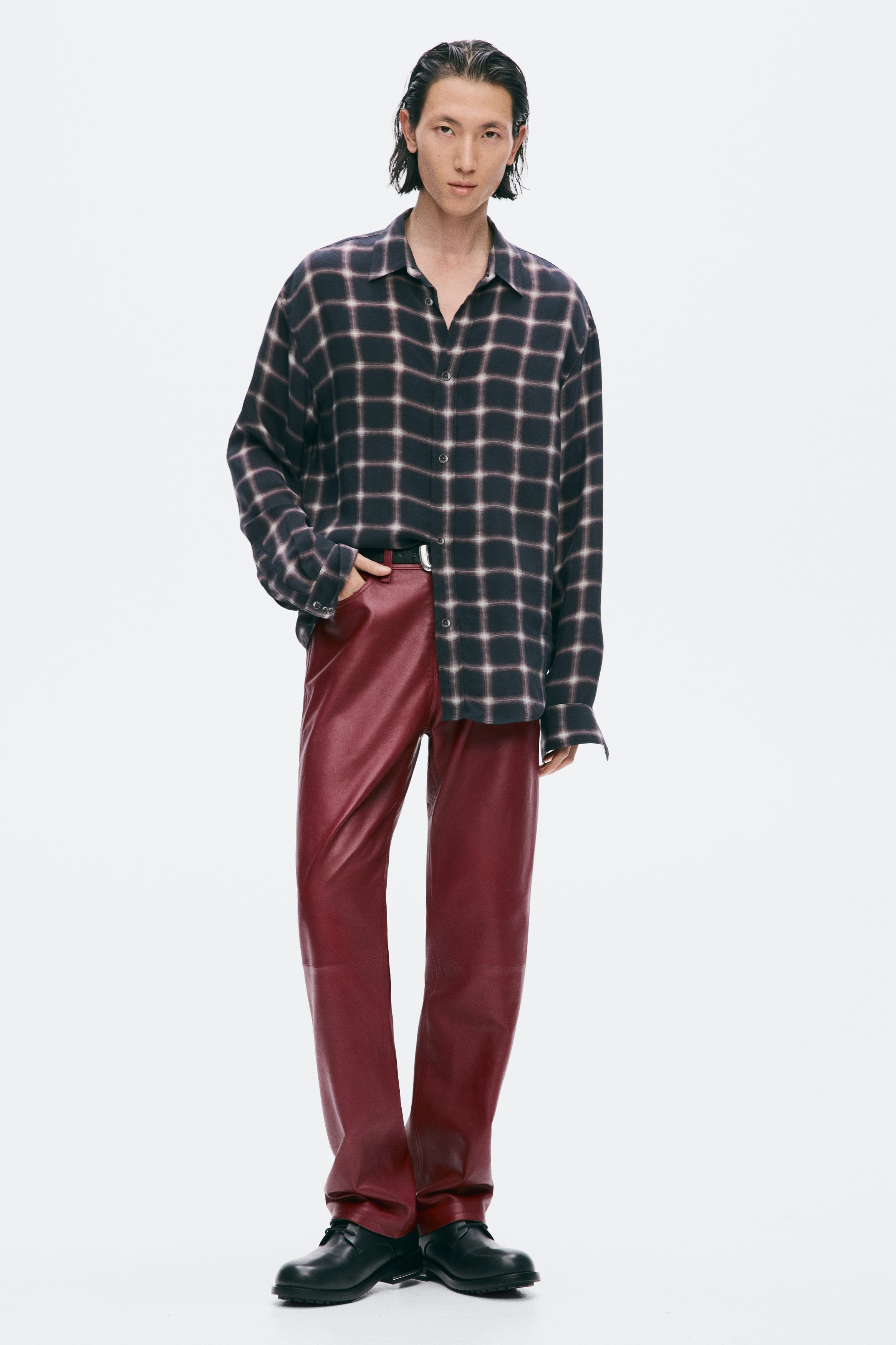 Regular Fit Leather trousers - Dark red/Black