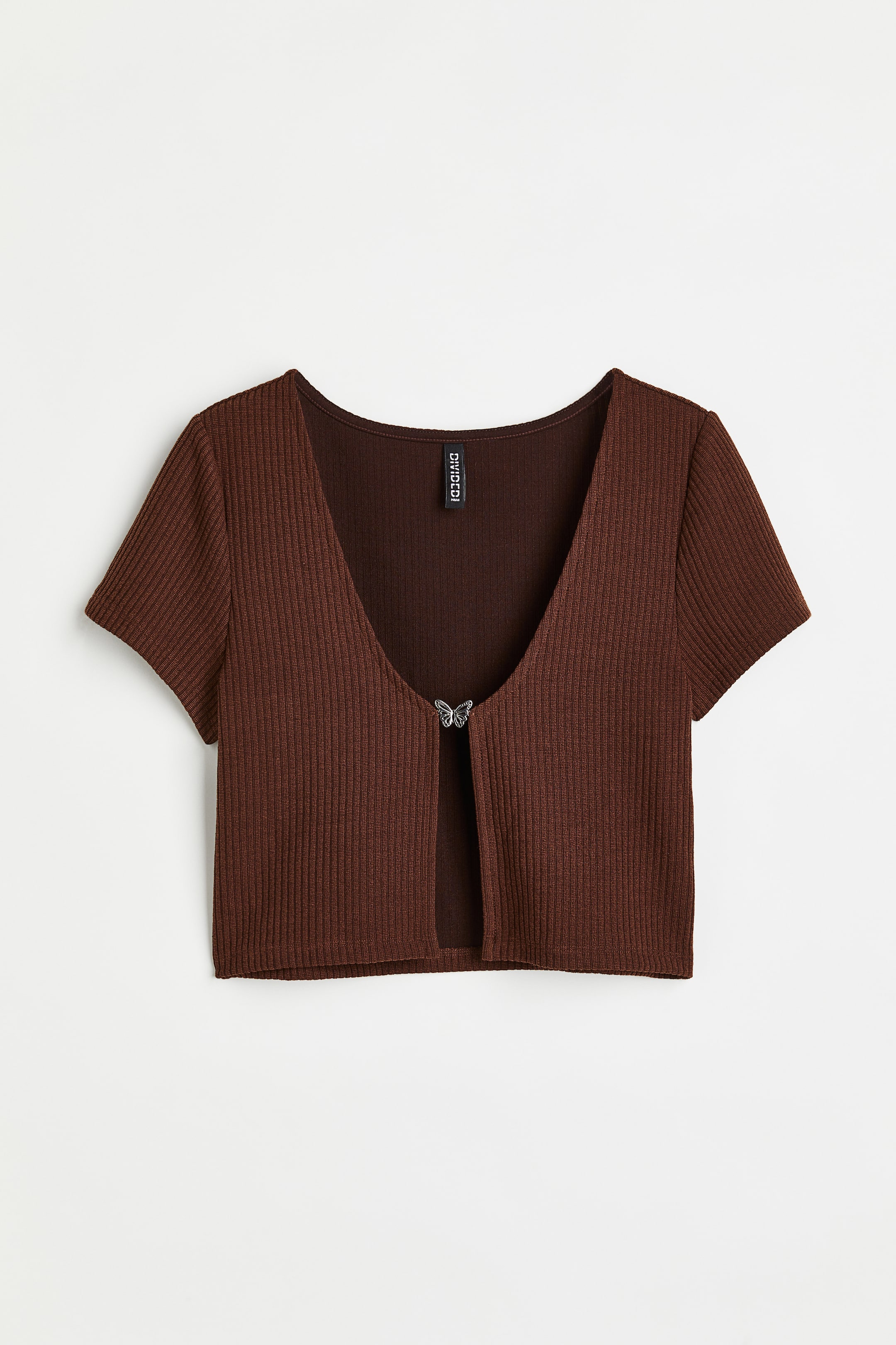 Ribbed Top with Butterfly Detail - V-neck - Short sleeve - Dark