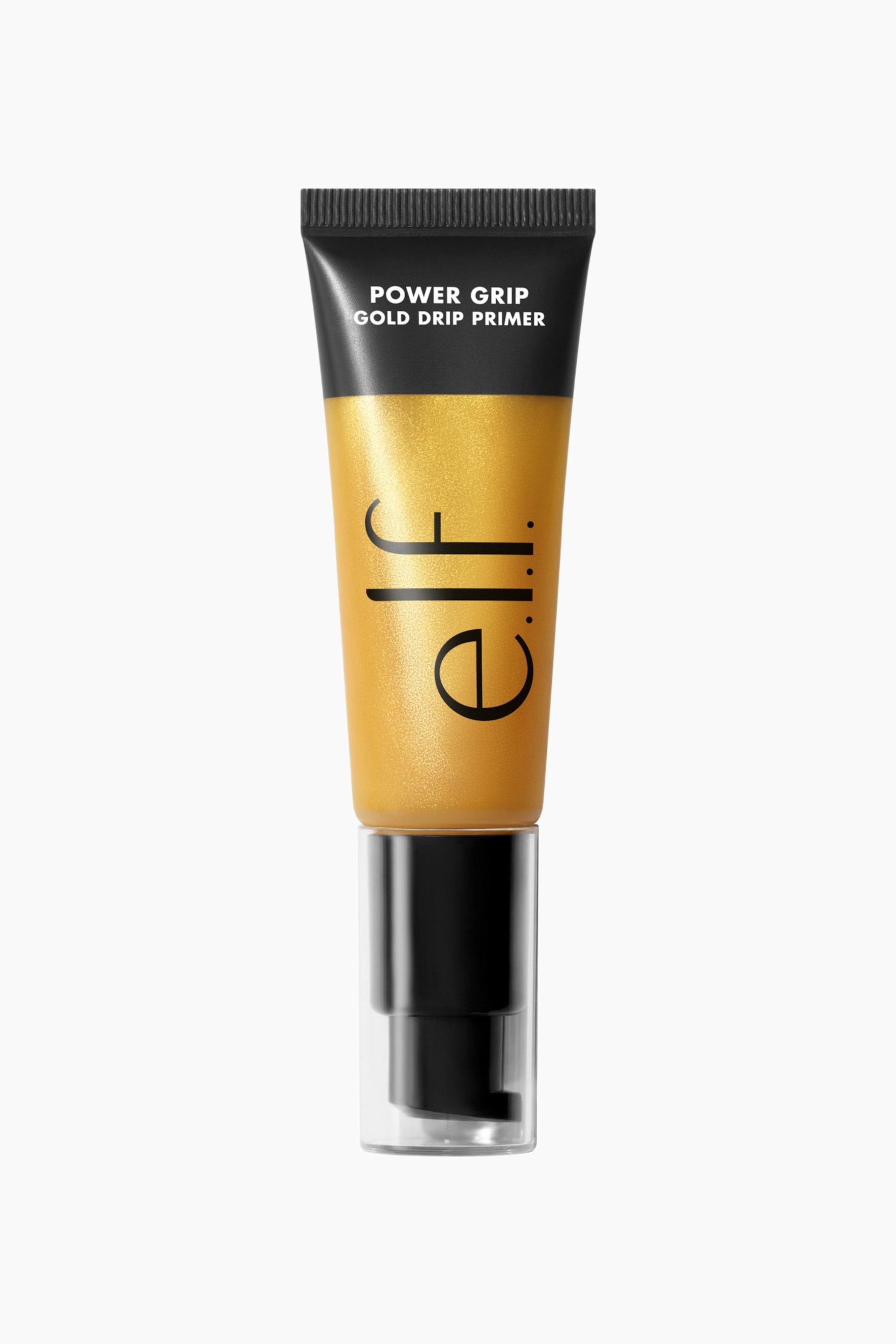 Näytä suurempi kuva: Pystyasennossa oleva e.l.f. Power Grip Gold Drip Primer -puristettava tuubi, jonka läpikuultava runko on täytetty kimaltelevalla kultaisella geelillä. Tuubissa on musta yläosa valkoisella tekstillä, tuotemerkin nimi painettuna pystysuoraan mustalla, sekä alareunassa musta pumppumekanismi, jota suojaa läpinäkyvä korkki.