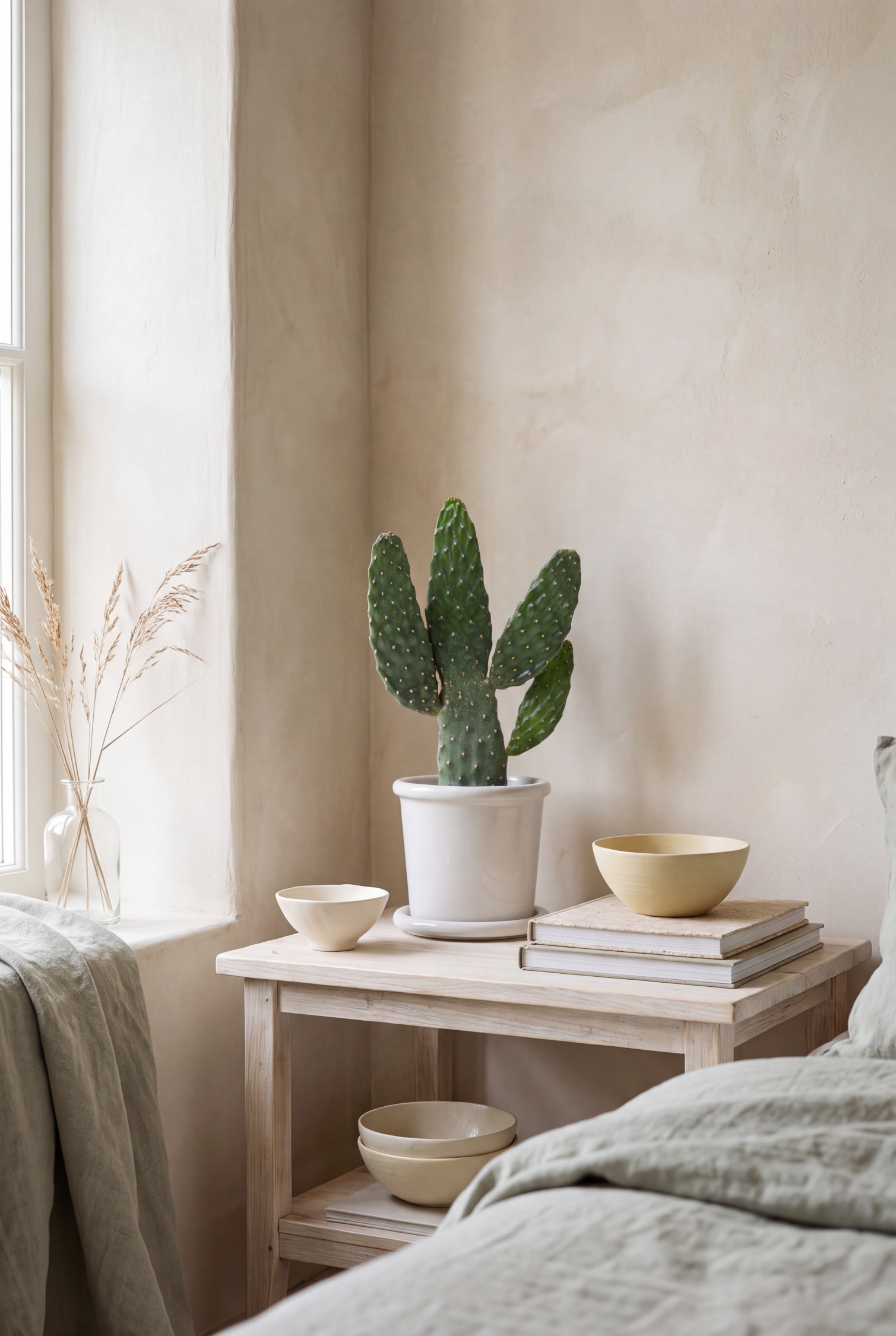 Un cactus paleta verde con un tallo central y tres segmentos ramificados se alza erguido en una maceta de cerámica gris claro con acabado brillante y un platillo a juego. El cactus, orientado hacia el frente, muestra una superficie verde texturizada salpicada de pequeñas areolas de color claro.
