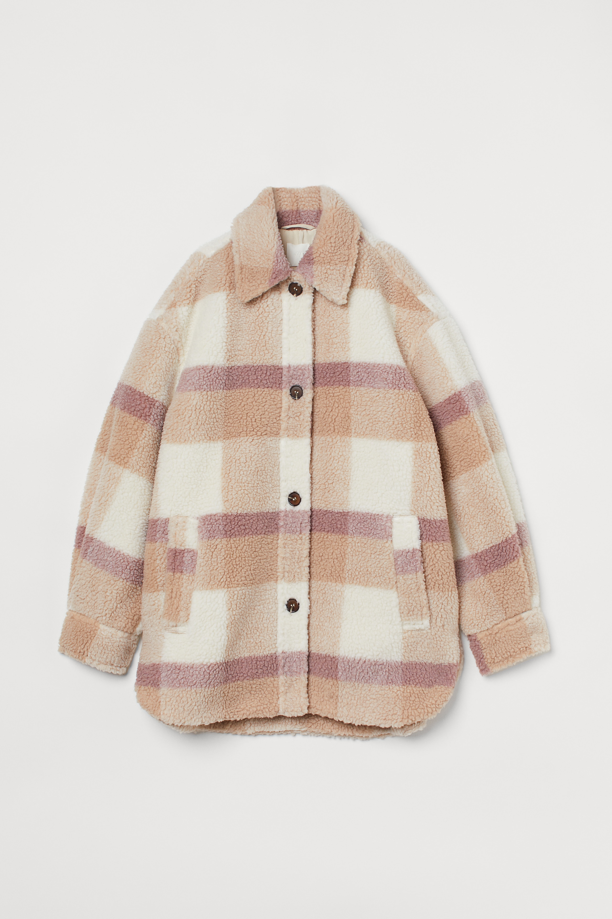 Blusenjacke aus Lammfellimitat Hellbeige/Grau kariert DAMEN