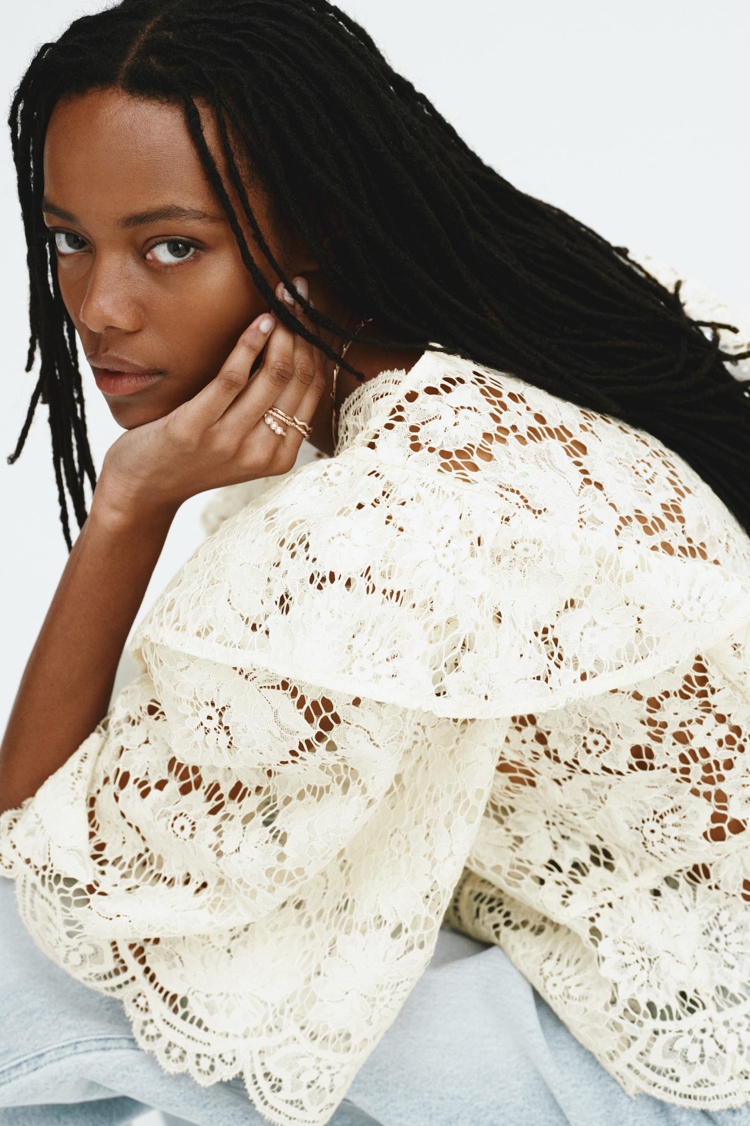 Flounce-trimmed lace blouse - Cream - 4