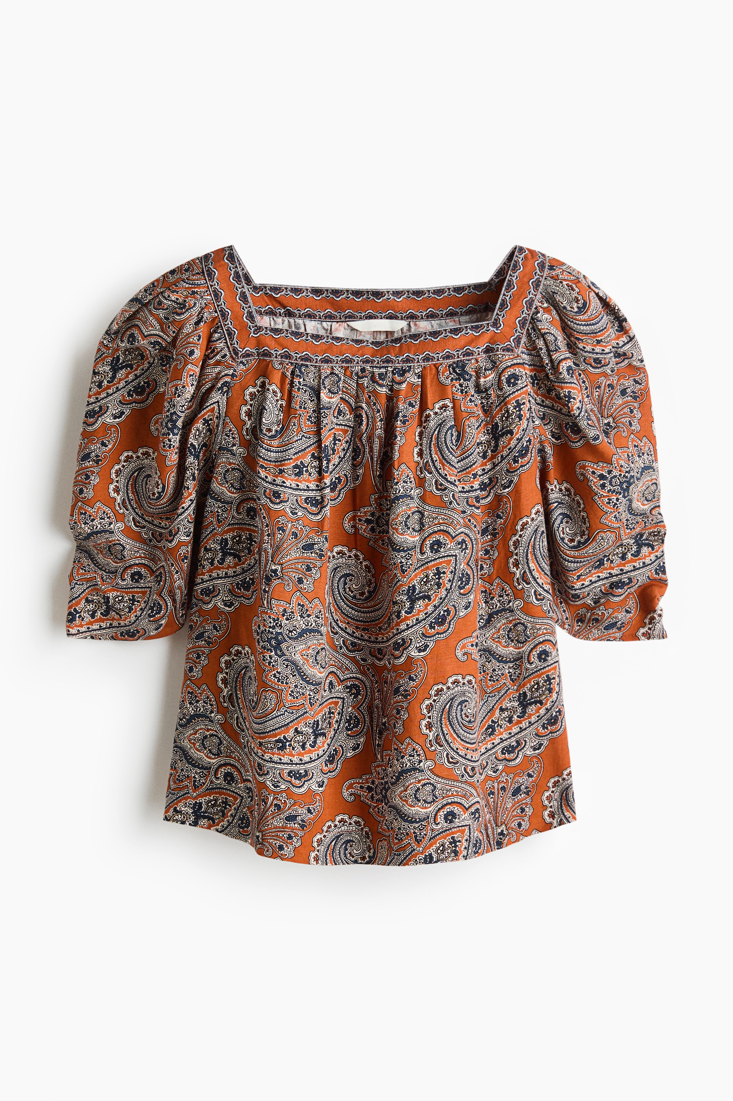 Linen-blend blouse - Dark orange/Paisley pattern/White