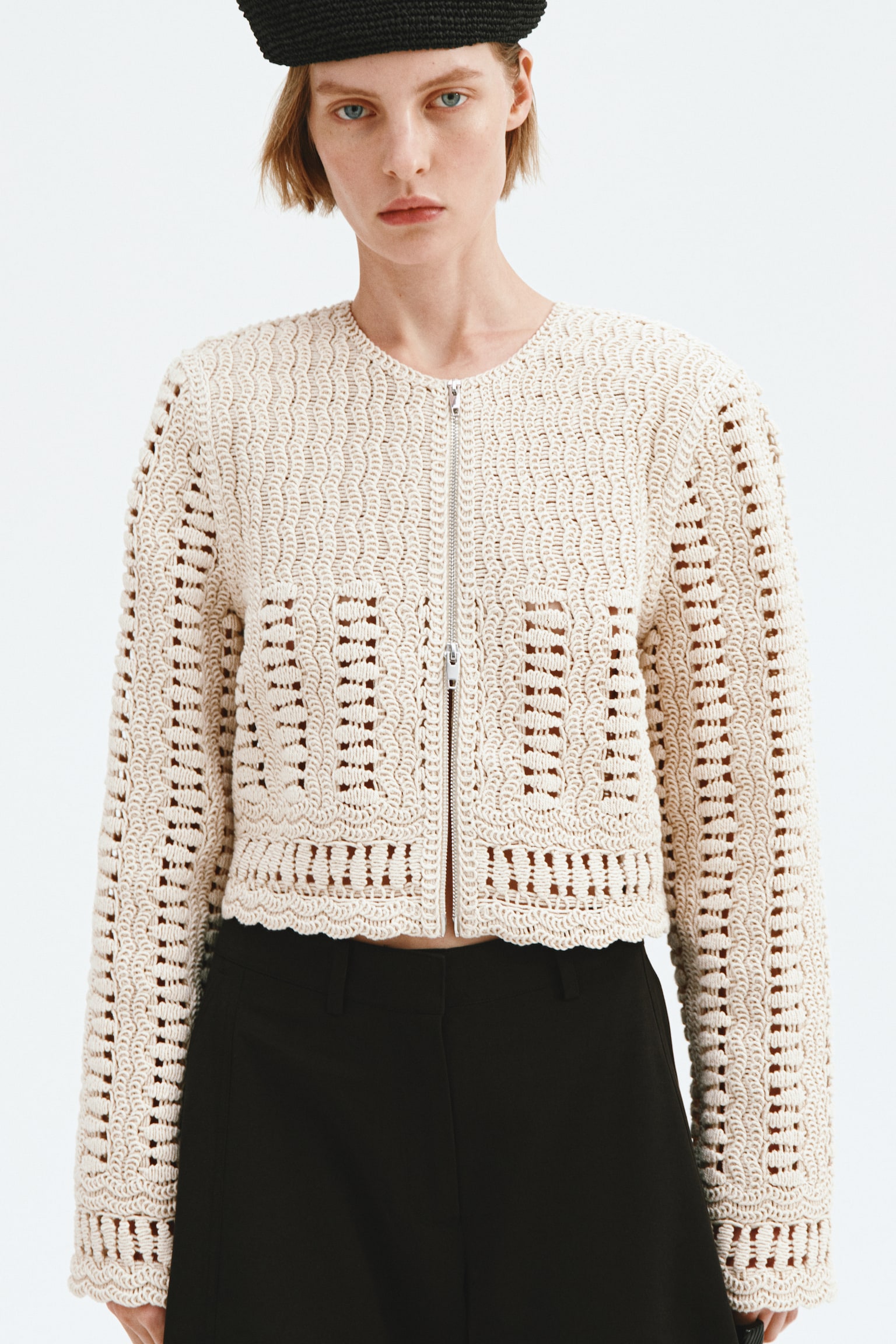 Crochet-look cotton jacket - Cream - 4