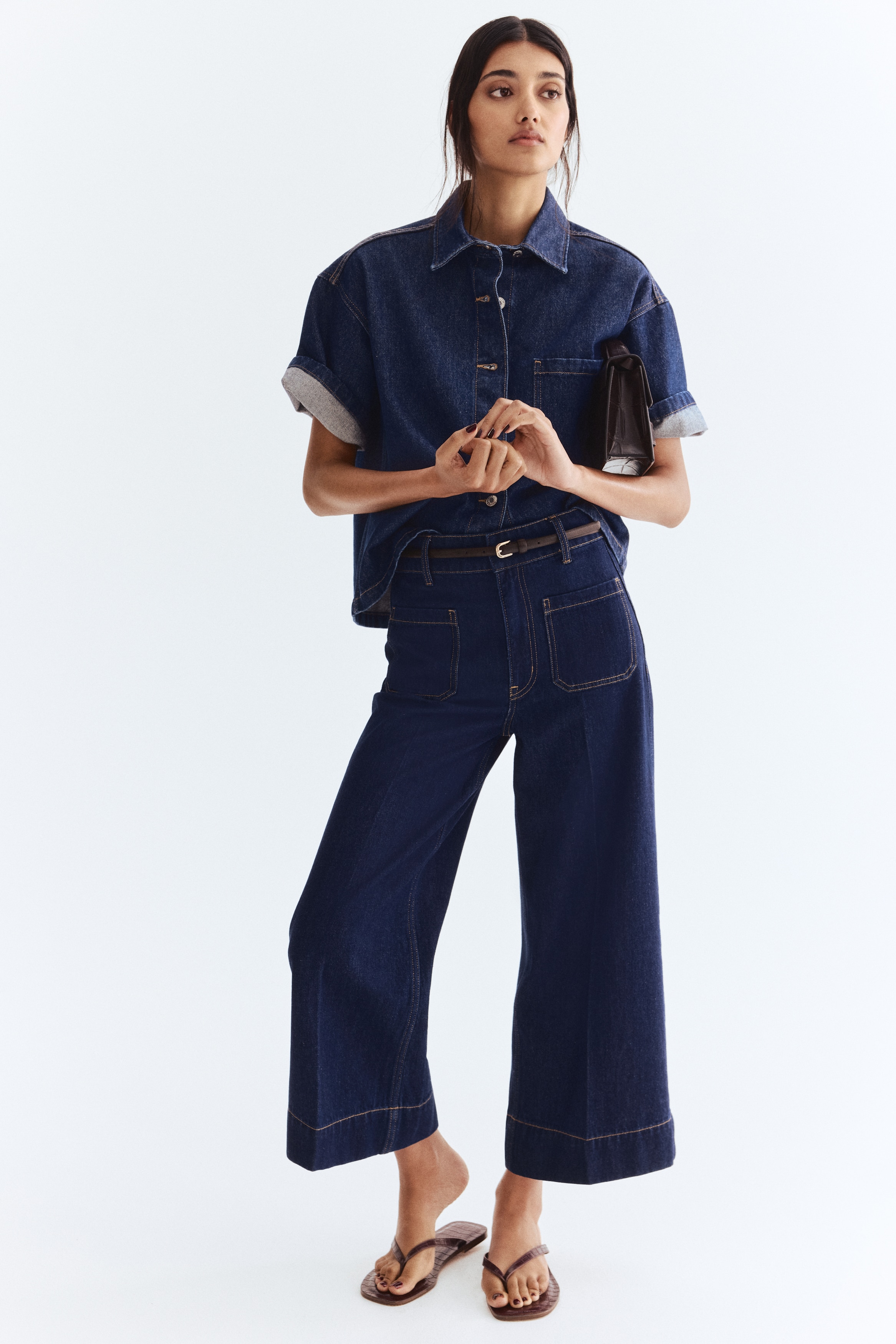 Wide High Ankle Jeans - Dark denim blue/Light denim blue/White