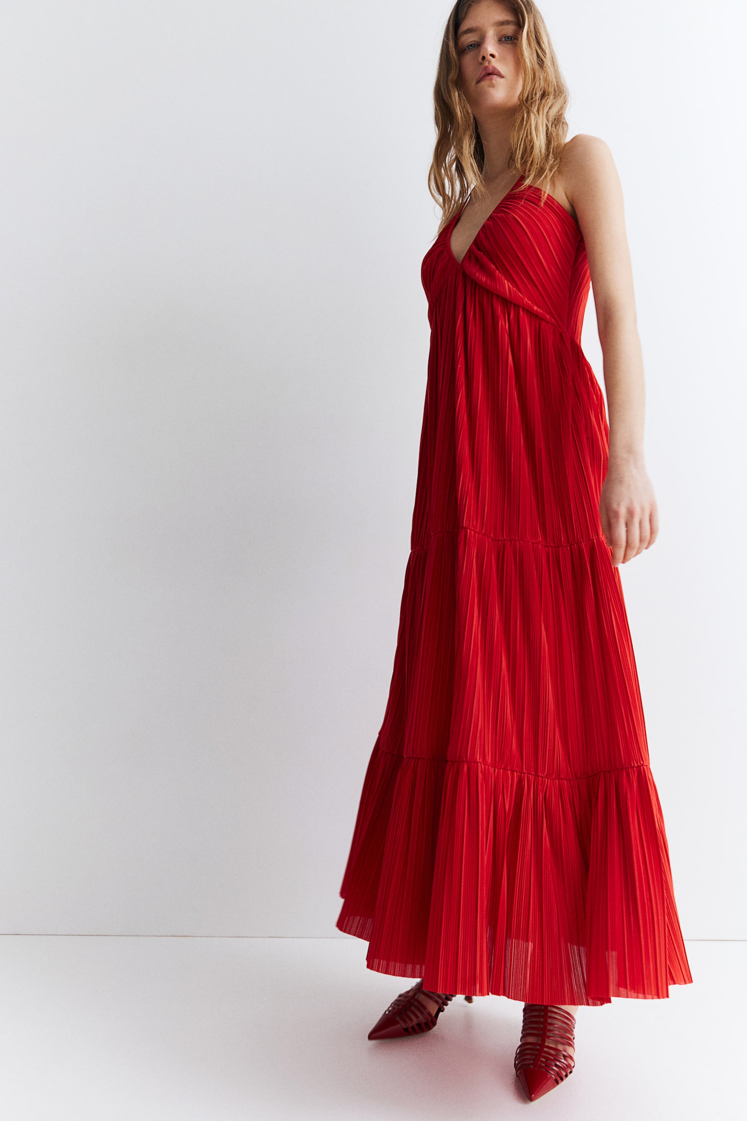 Plissé Maxi Dress - Bright red/Navy blue/Stripe - 6