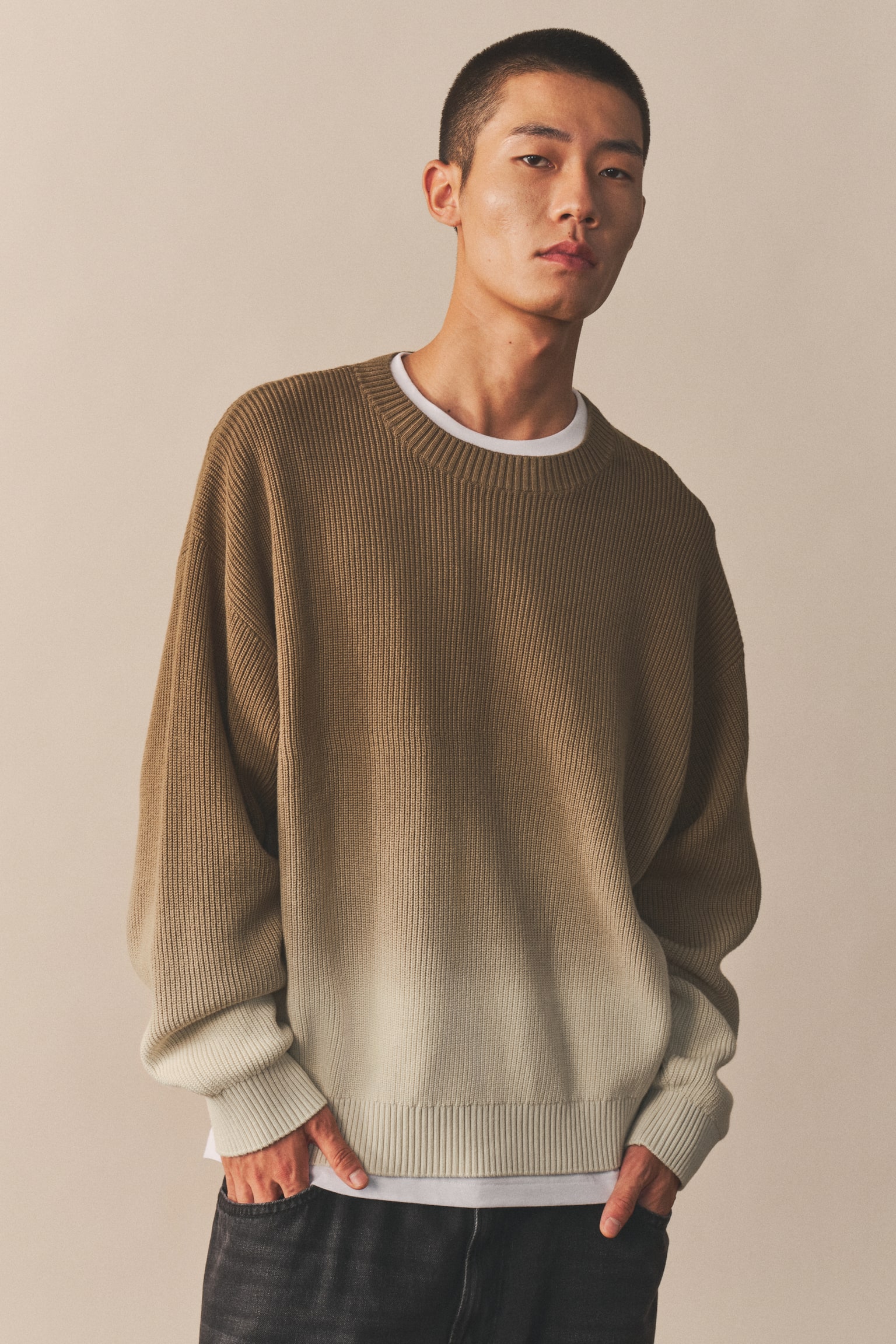 루즈핏 리브니트 스웨터 - 다크 카키 그린/화이트/블랙/브라운 - 6