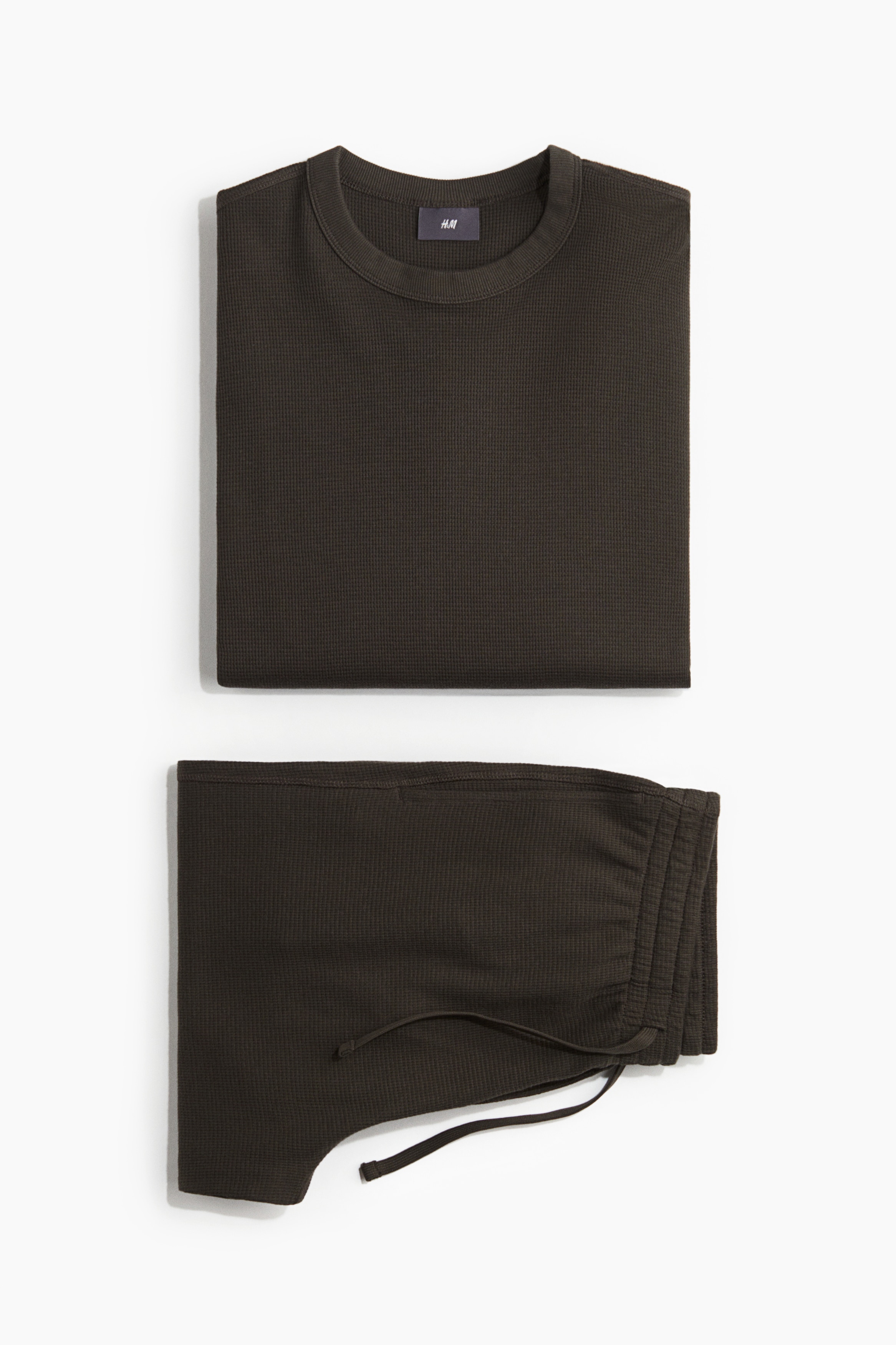 Waffled Cotton Pyjama Top & Pants Set - Dark green/Grey marle