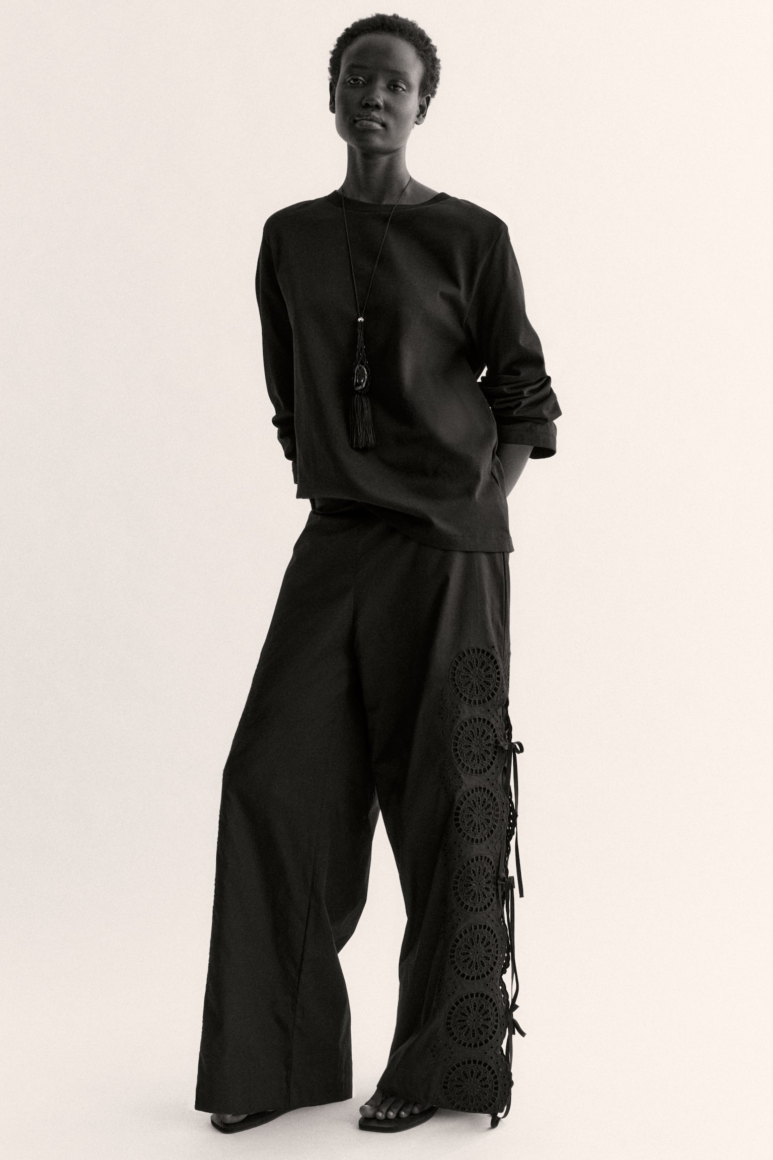 Tie-Detail Pants with Eyelet Embroidery - Black - 1