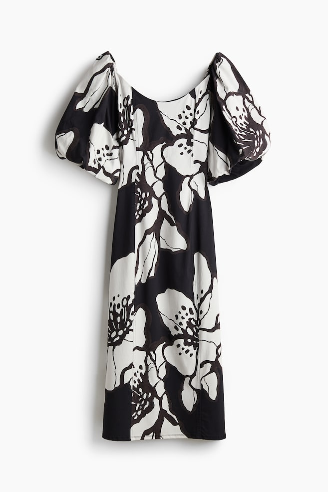 Vestido con mangas globo - Negro/Floral blanco/Negro - 1