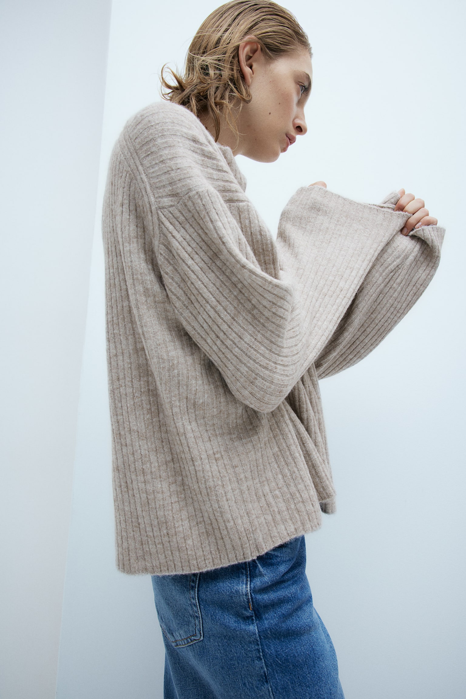 Oversized polo-neck jumper - Light beige marl/Dark grey marl/Cream/Light beige marl/Striped/Natural white/Striped - 4