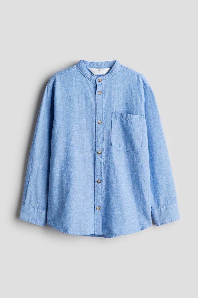 Linen-blend grandad shirt - Light blue marl/White - 1