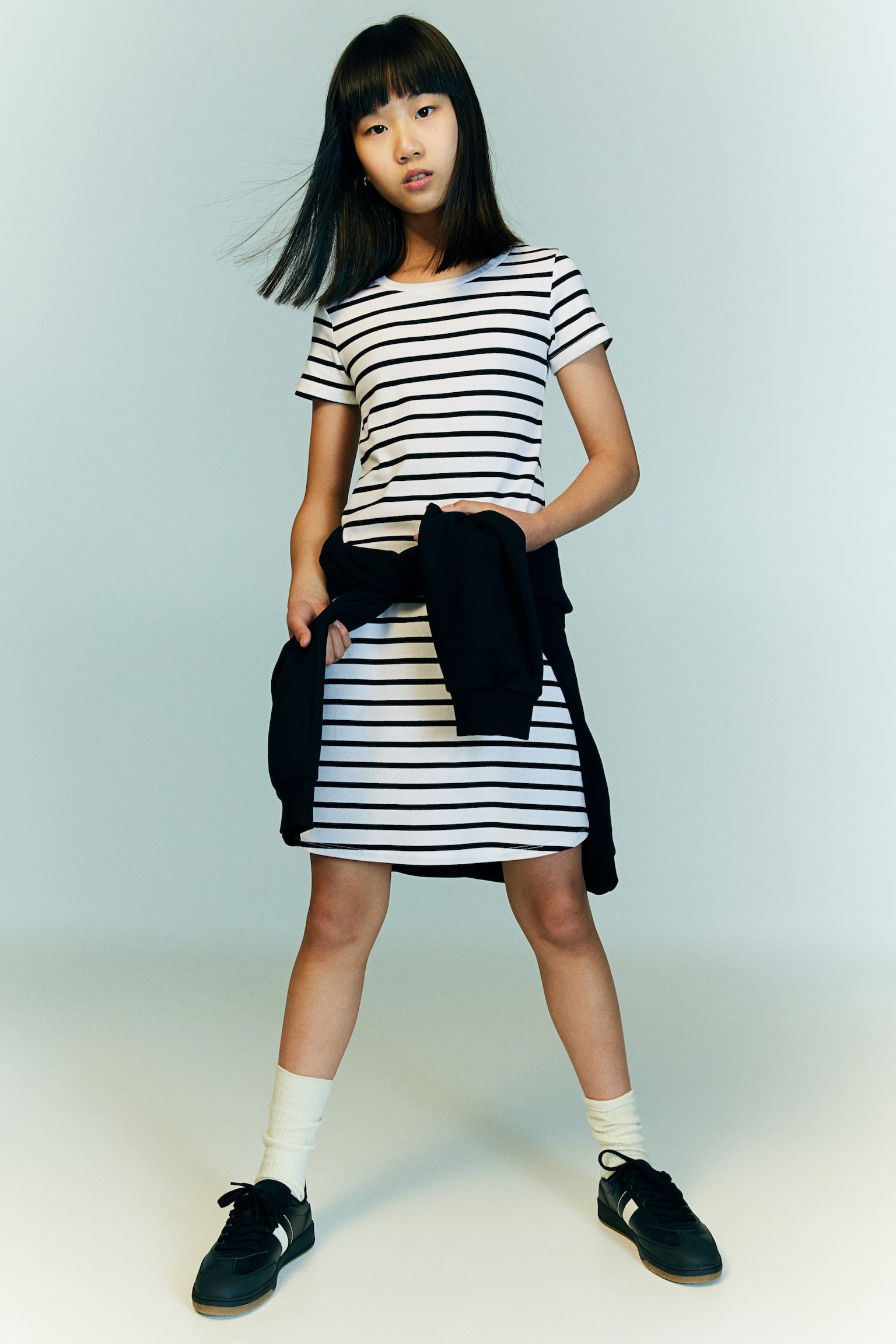 Short-sleeved jersey dress - White/Black striped - 4