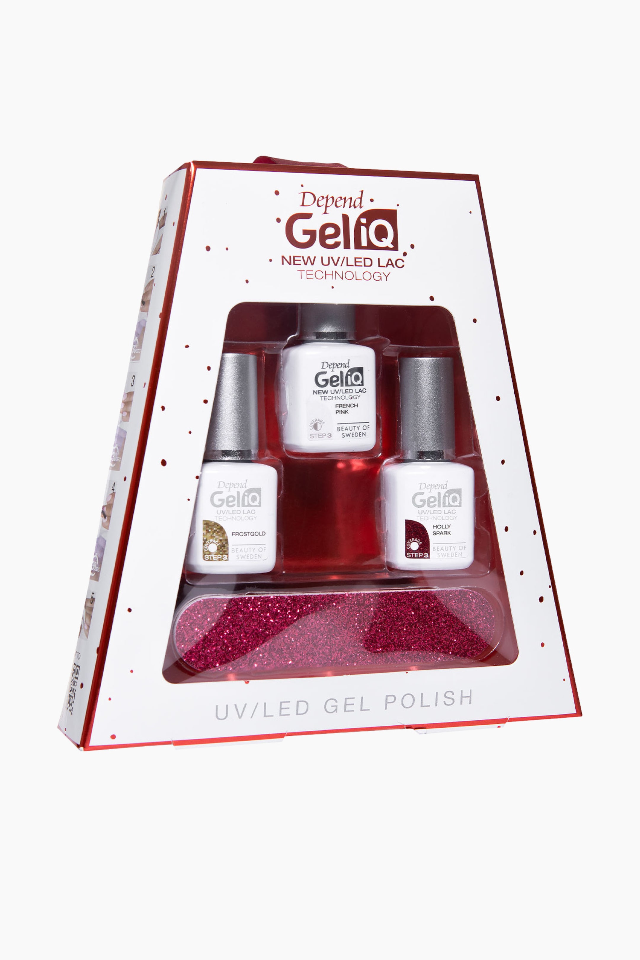 Visa större bild: En vit och röd triangulär presentask visar tre vita flaskor med Depend Gel iQ gelnagellack med silverfärgade korkar och en rosa glittrig nagelfil genom ett genomskinligt fönster. Förpackningen är vinklad lätt åt höger och visar sin tredimensionella form samt instruktioner på sidopanelen.