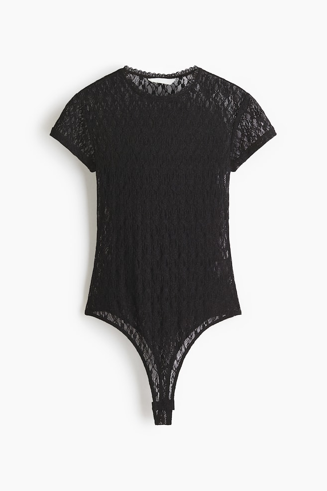 Lace-look jersey thong body - Black/Cream - 1