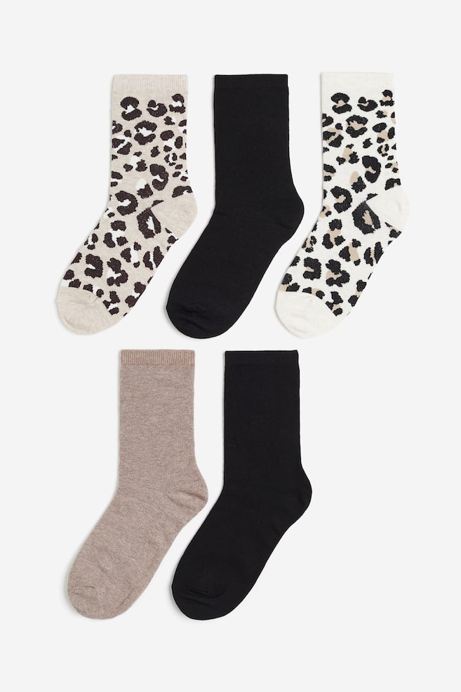 Lot de 5 paires de chaussettes en maille côtelée - Beige/motif léopard/Beige/noir/Blanc/beige - 1