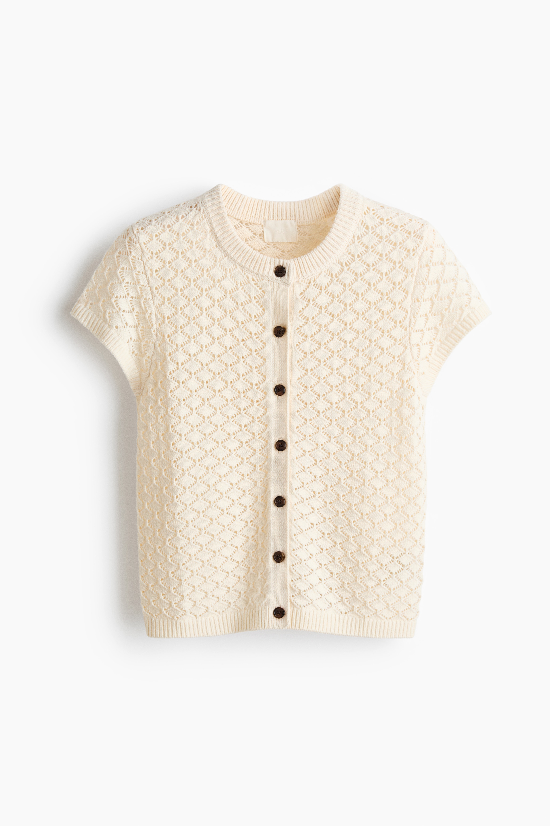 Cap-sleeved pointelle-knit cardigan - Light beige/Brown/Dusty blue