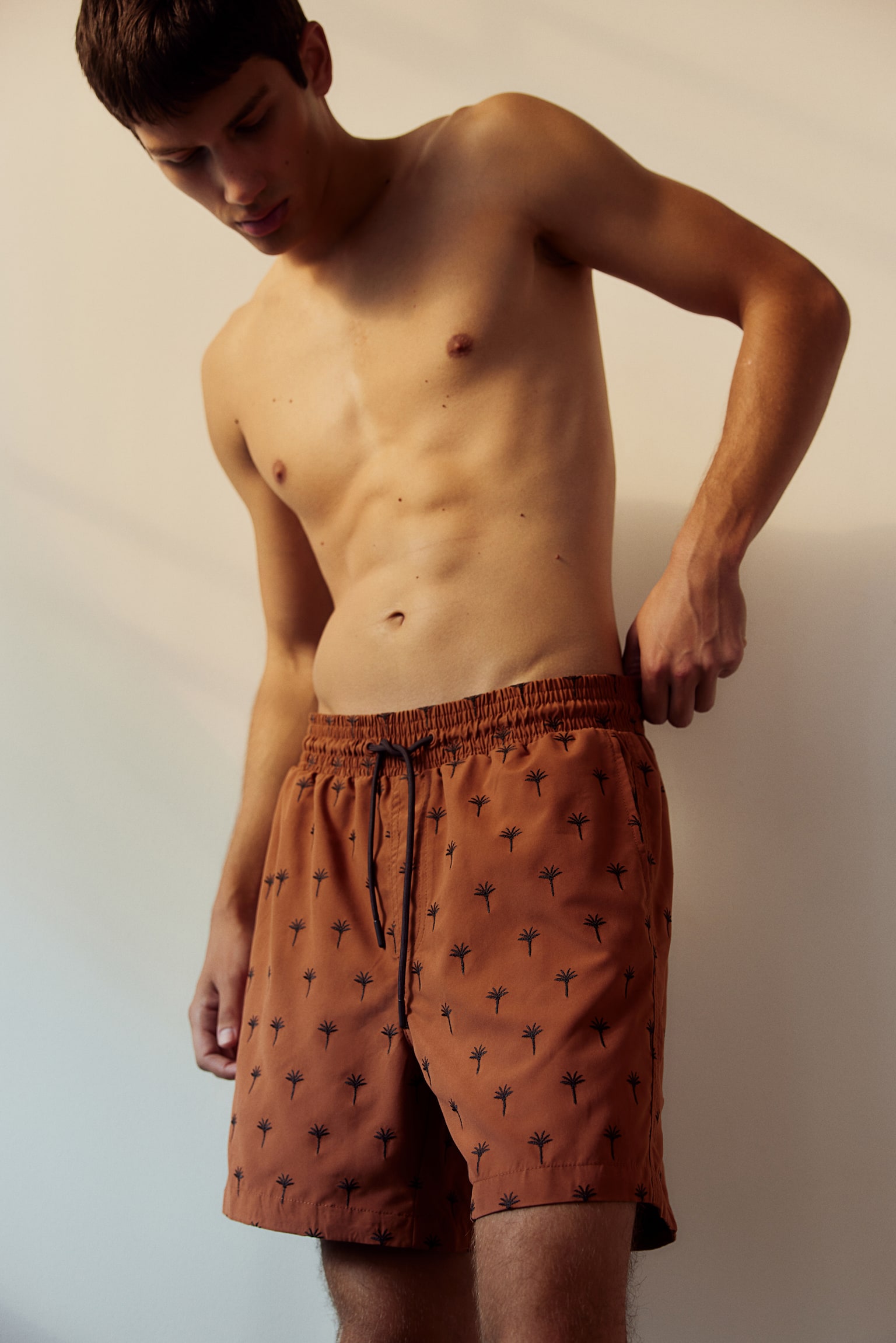 Patterned swim shorts - Dark orange/Palm trees/Black - 1