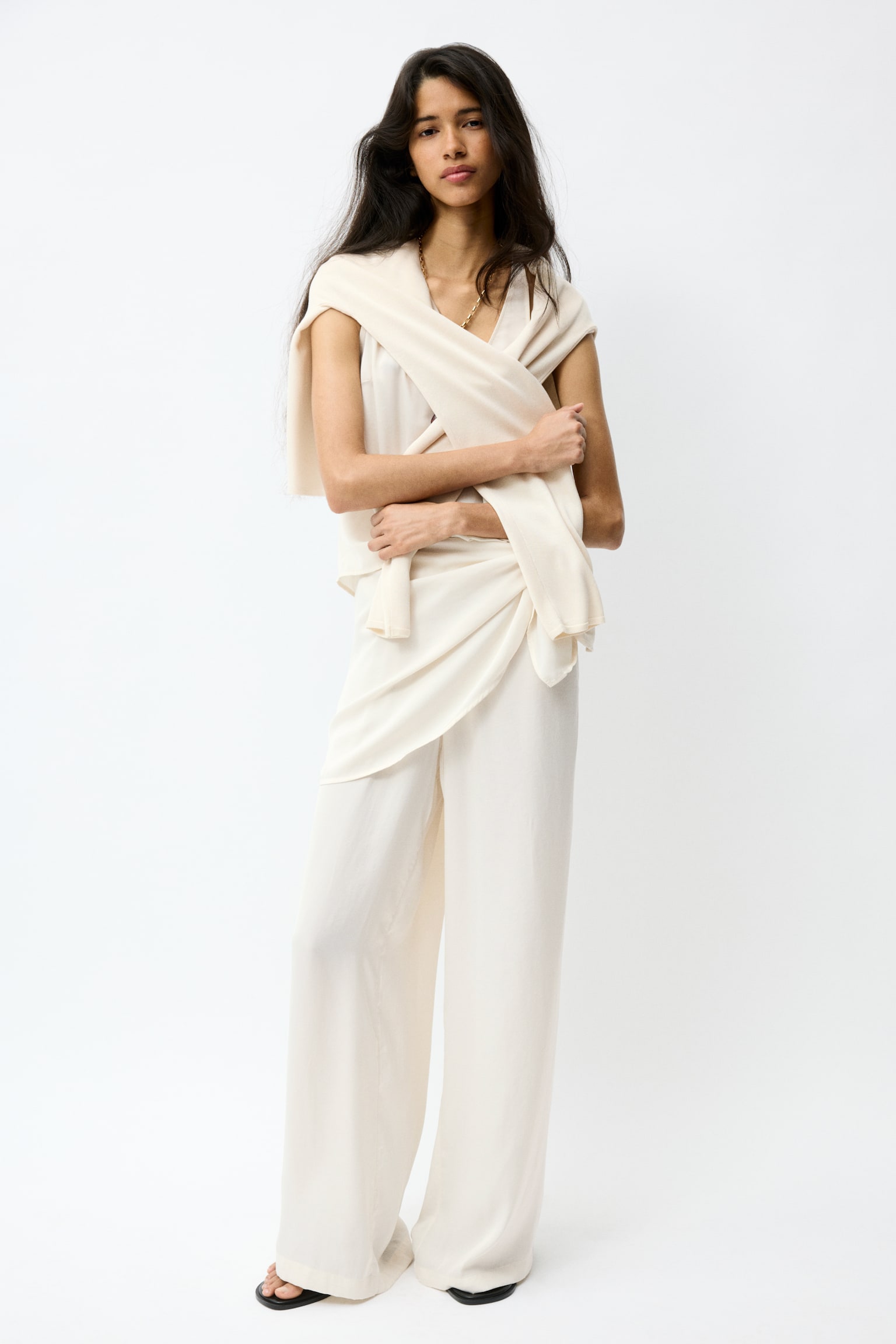 Chiffonhose mit Schaldetail-Cremefarben - 1
