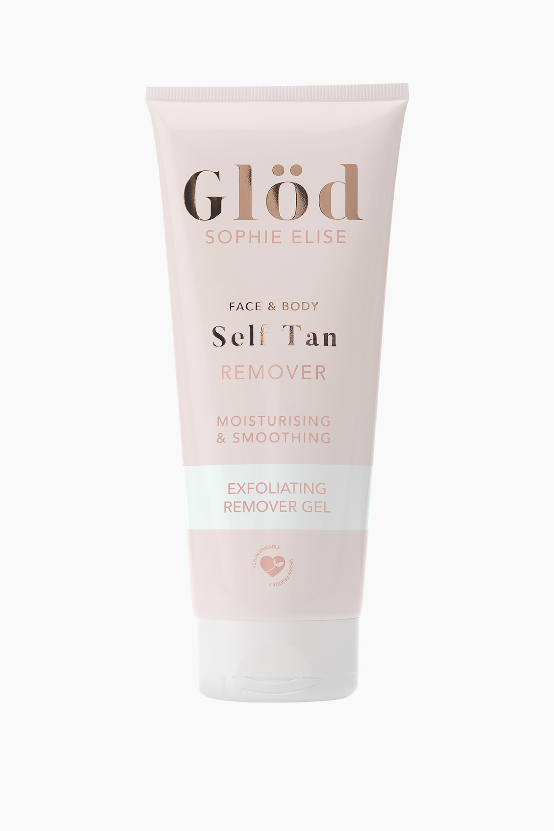 Vis større bilde: En lys rosa klembar tube med Gl�d Sophie Elise Self Tan Remover står oppreist, vendt fremover. Tuben viser "Gl�d" i store, mørke metalliske bokstaver, med "Self Tan Remover" og "Exfoliating Remover Gel" på et lys teal bånd også synlig, og har en hvit flip-top kork og et rundt "Vegan Friendly"-logo.