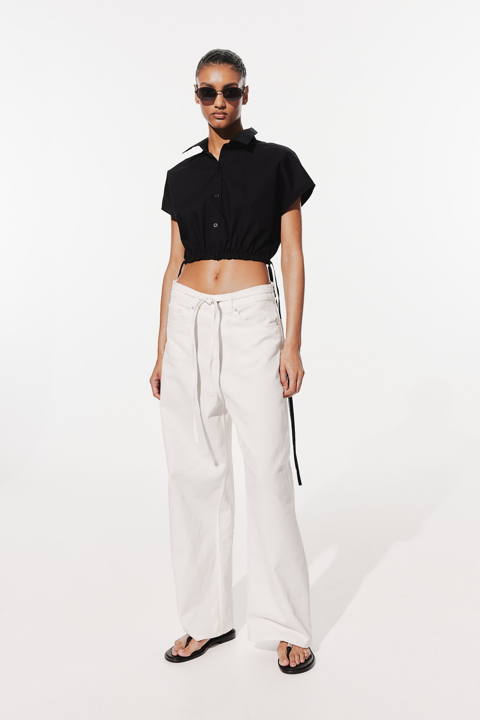 Cropped tie-detail shirt - Black/White - 3