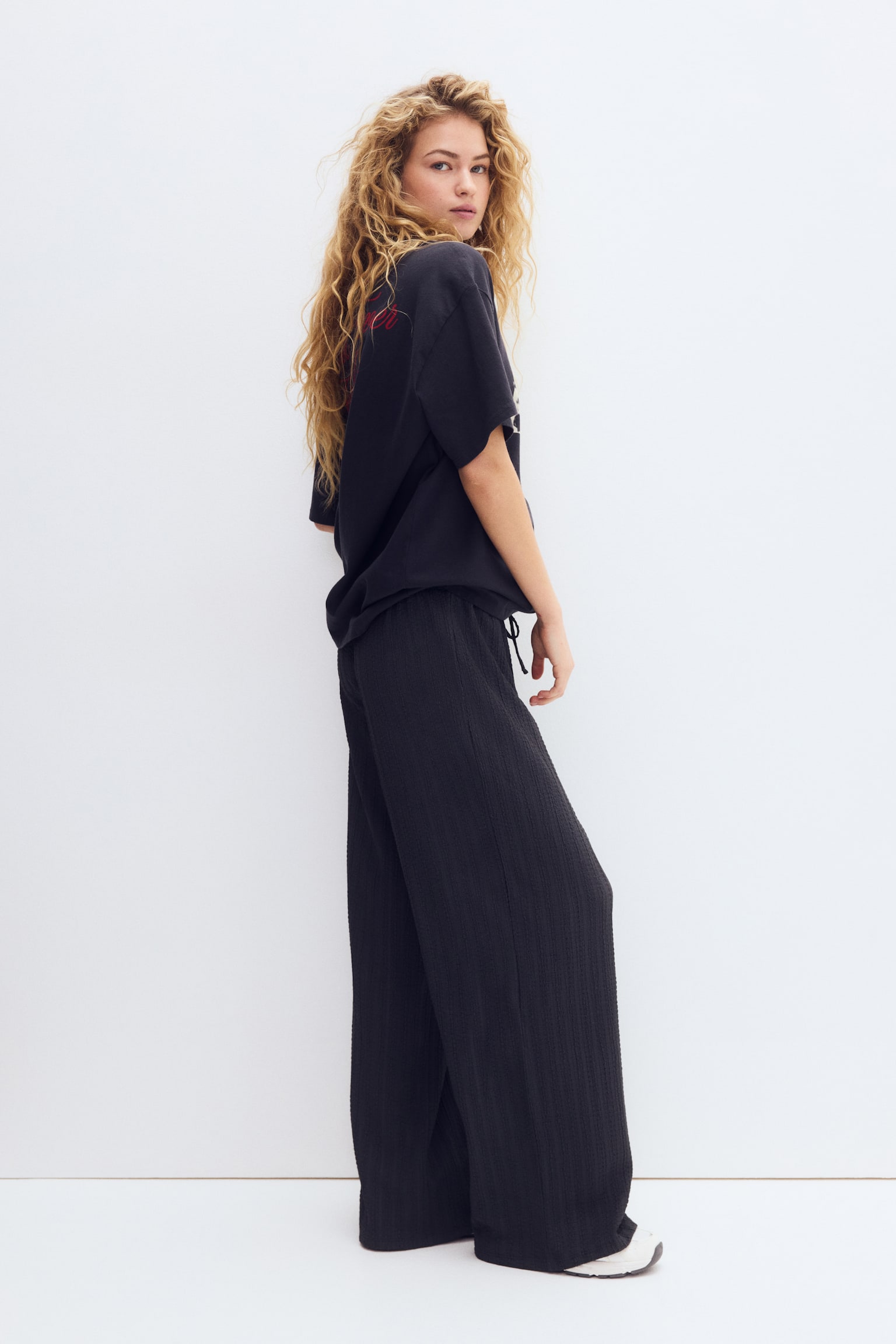 Pantalón con cordón de ajuste en punto texturizado - Gris oscuro/Café oscuro/Azul oscuro/Beige claro - 3