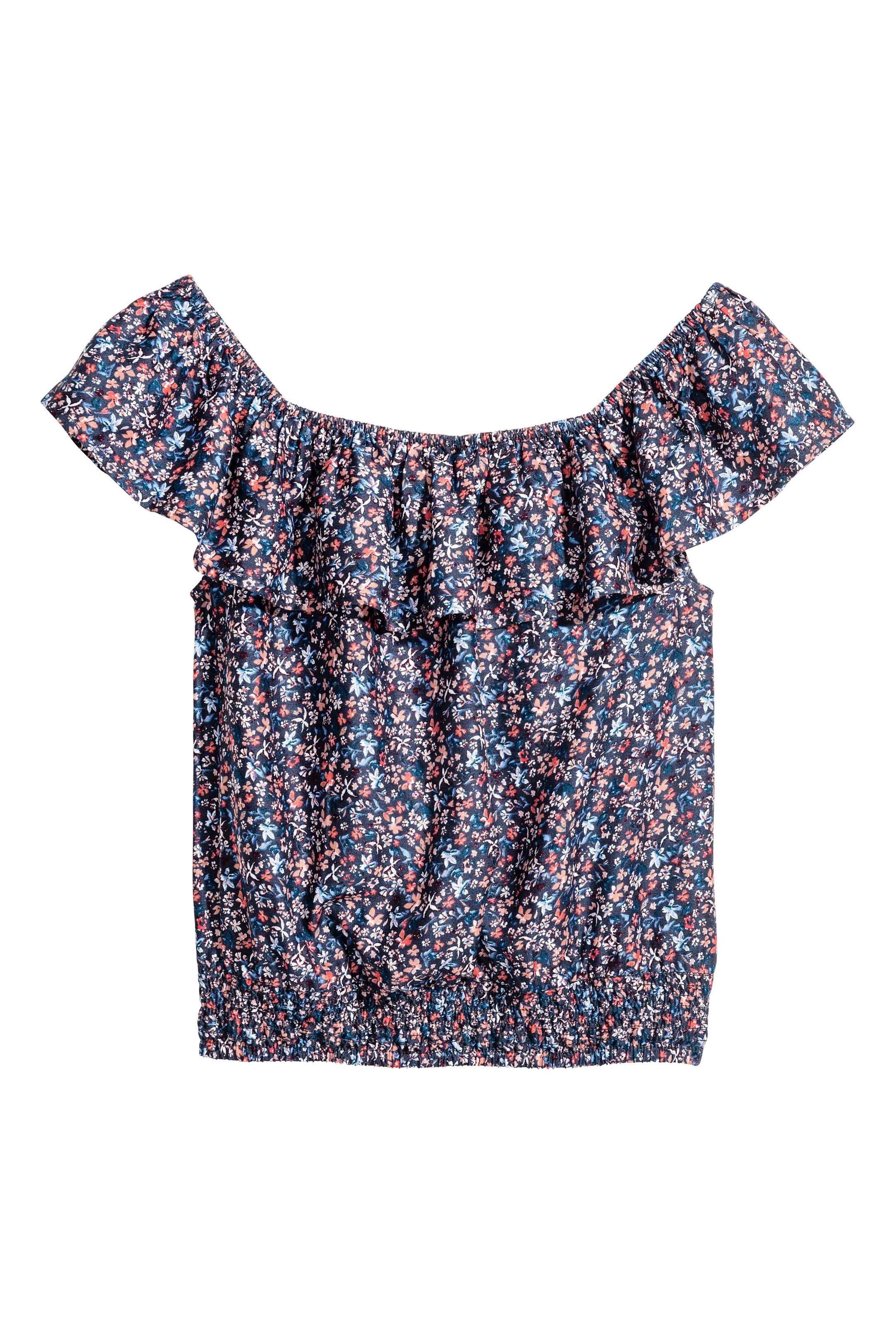 Grotere afbeelding bekijken: Off-the-shoulderblouse - Donkerblauw/bloemen - KINDEREN | H&M NL 1