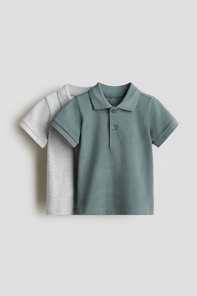 2-Pack Cotton Polo Shirts - Dusty green/light gray melange/Navy blue/white - 1