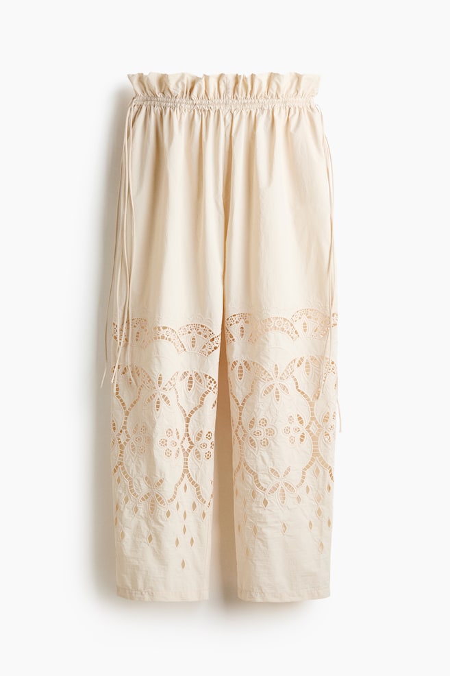 Drawstring Pants with Eyelet Embroidery - Light beige - 1