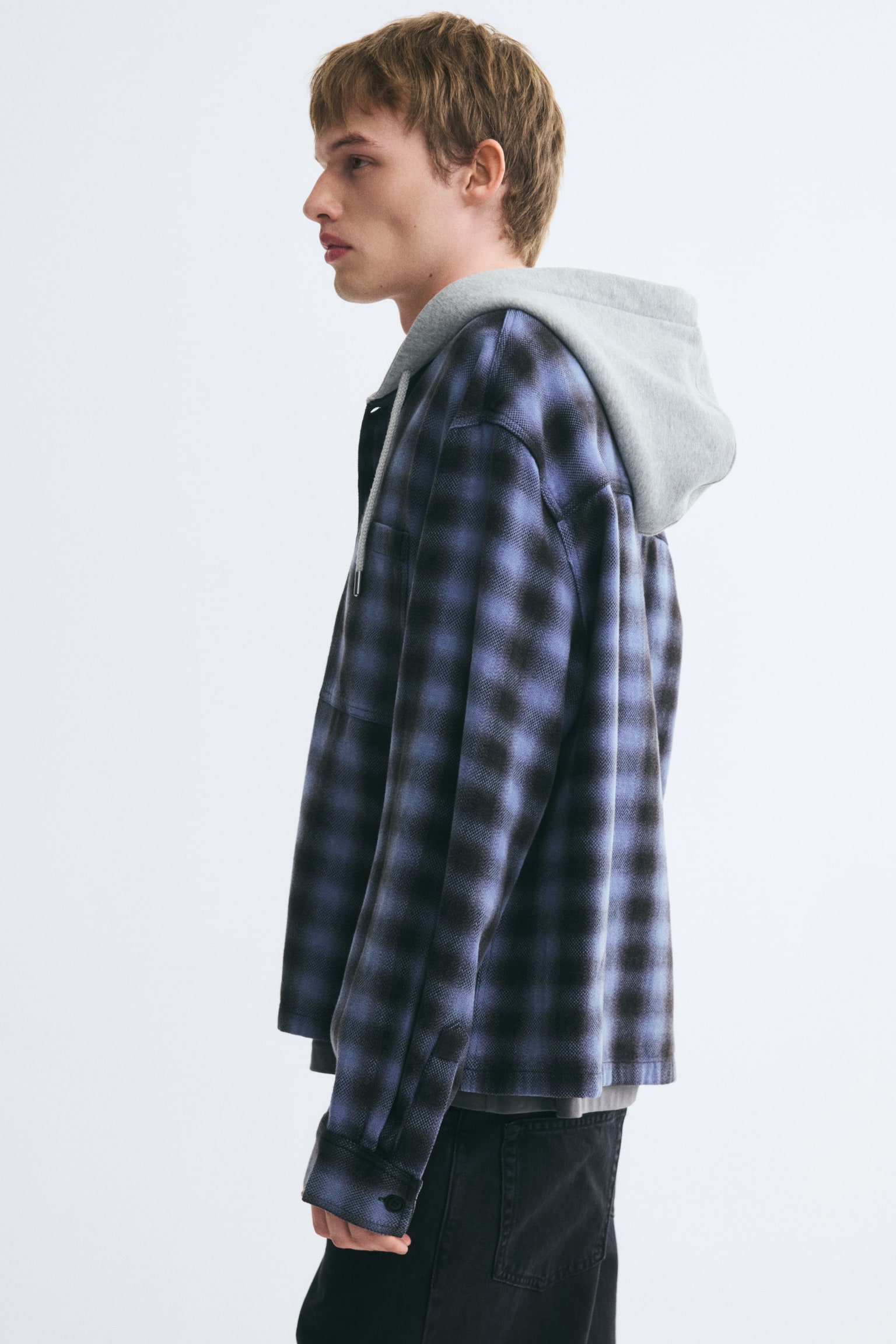 Мужская рубашка H&M Hooded Overshirt, цвет: Тёмный синий / Клетчатый — фото 6