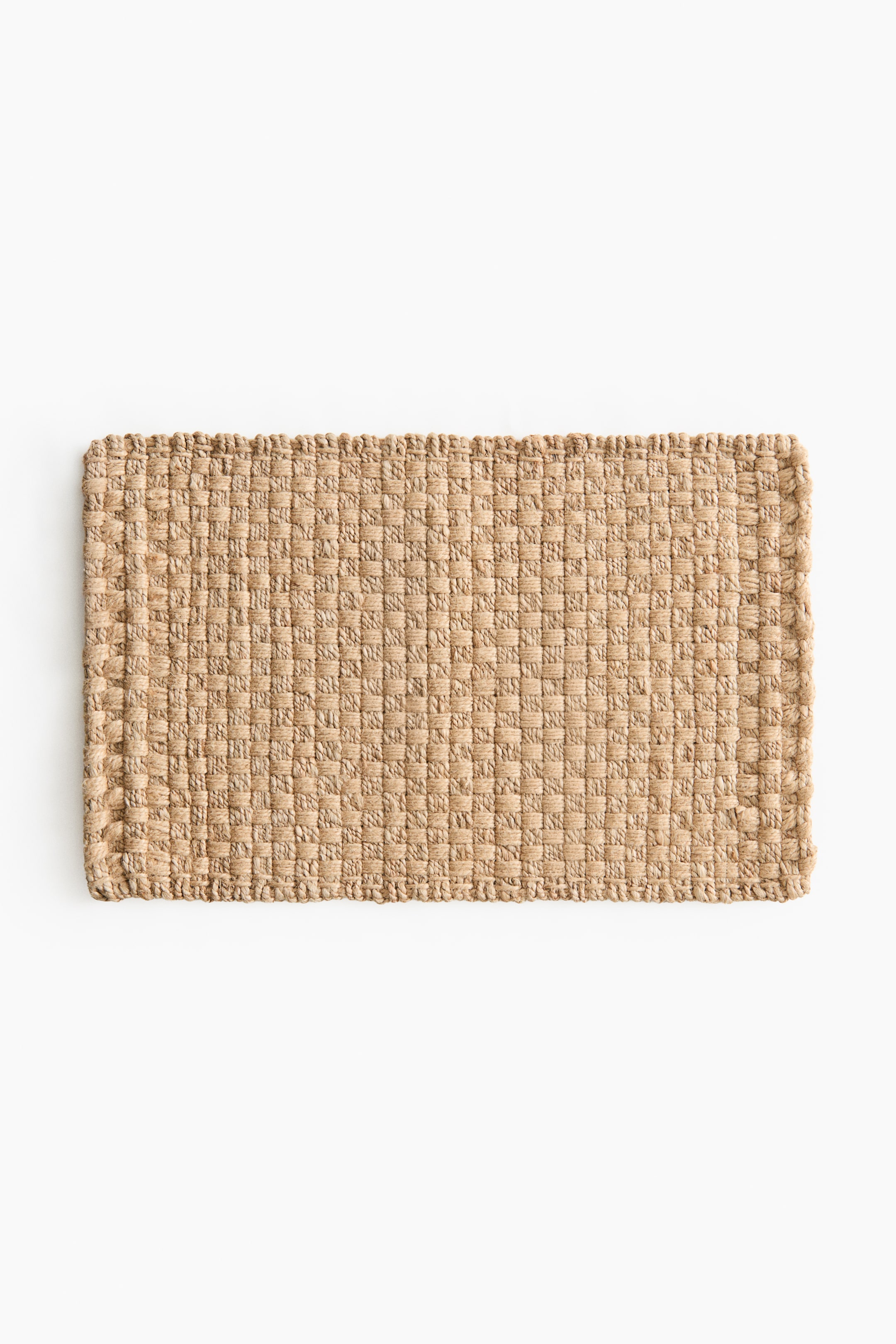 View larger image: A rectangular mat is displayed from the front, featuring a light brown, woven checkerboard pattern and a tightly woven border along its perimeter.