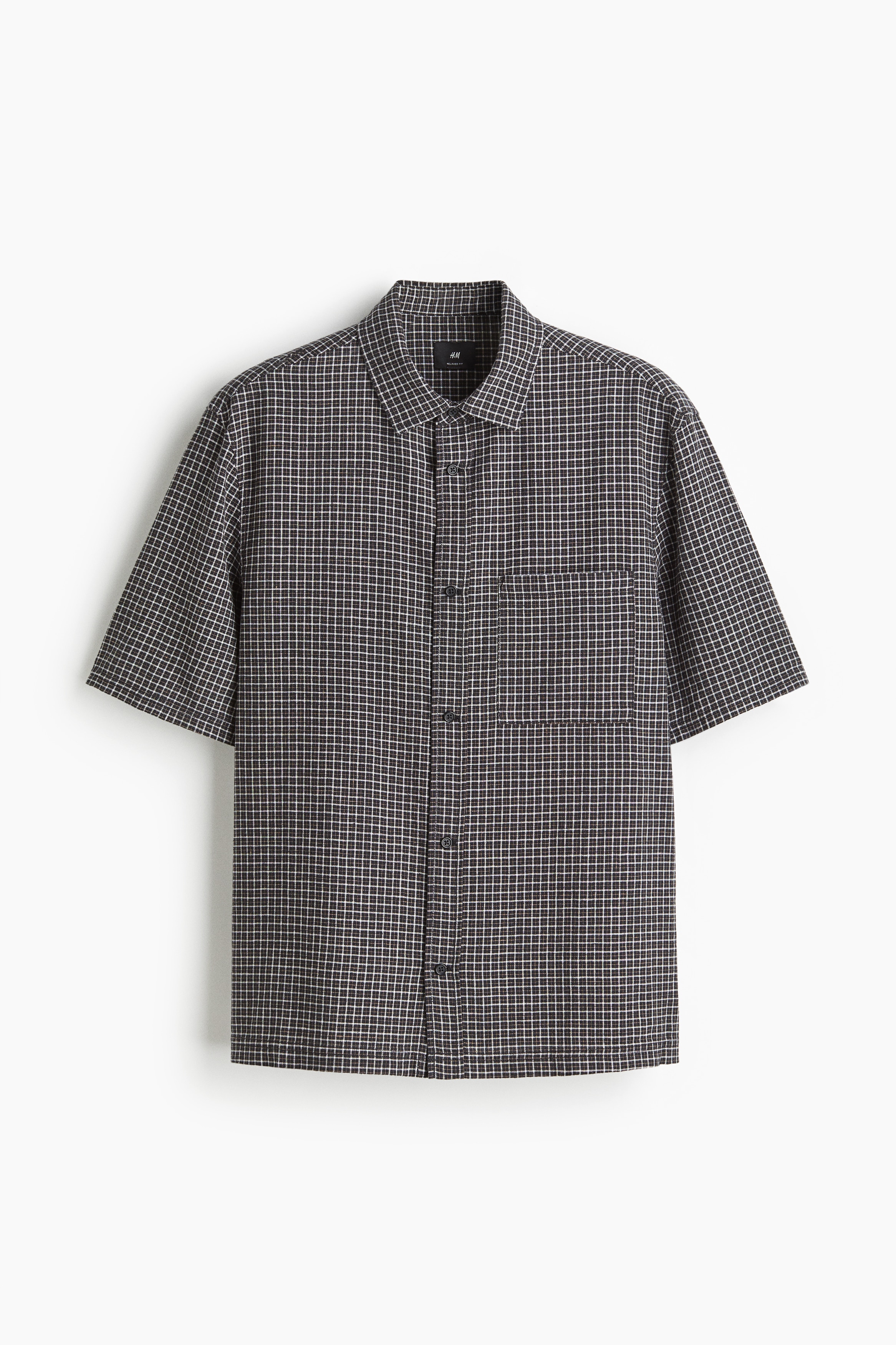Oversized Fit Short Sleeve Linen Blend Shirt - Black/Check/Beige/Check
