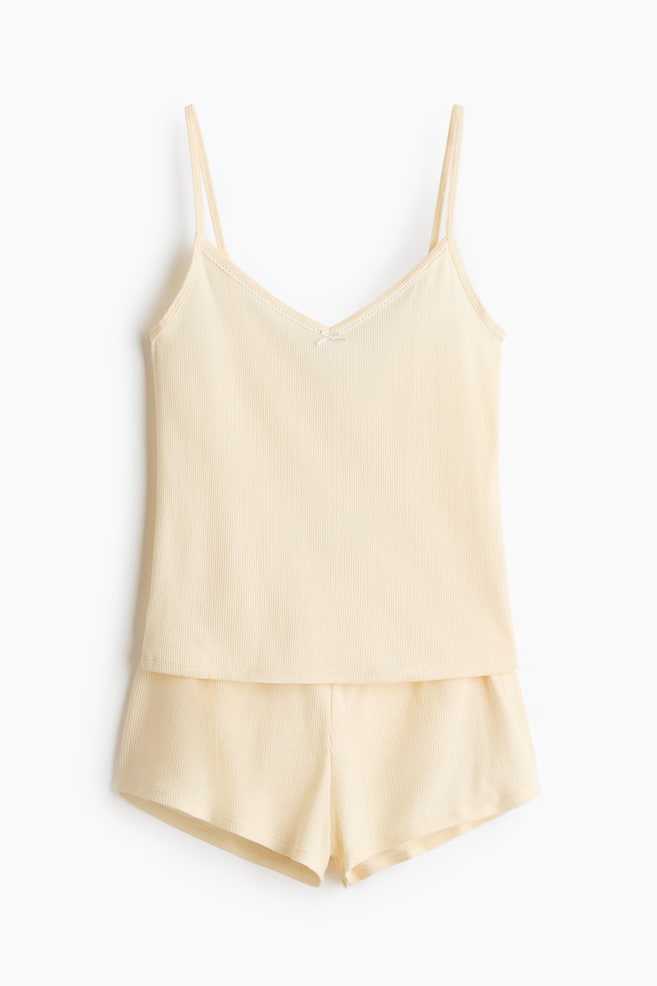 Pijama din jerseu cu model pointelle - Galben-deschis/Fildeșiu - 1