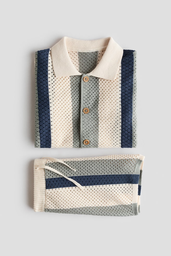 Set 2 pezzi in maglia a rete di cotone-Beige chiaro/righe - 3