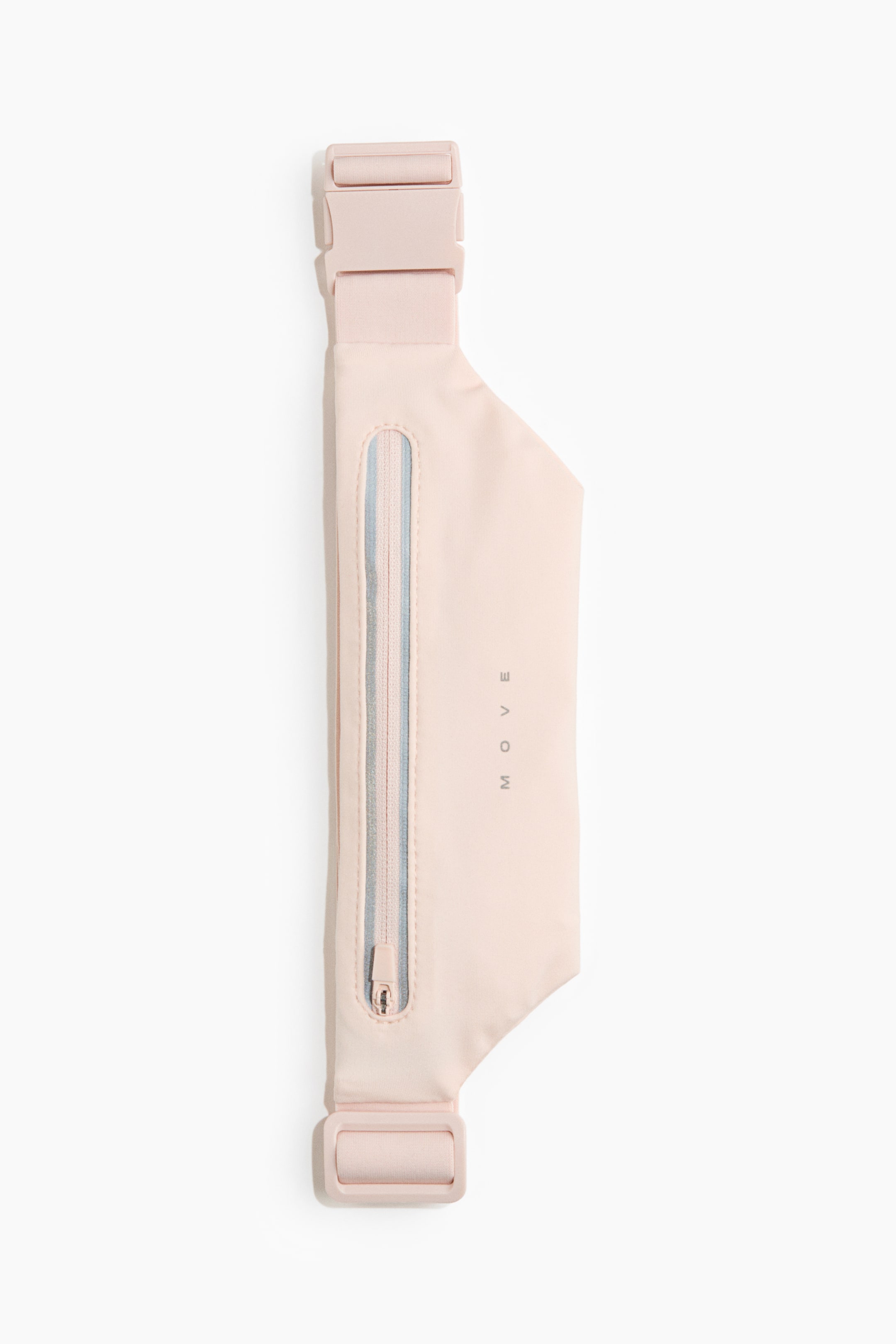 View larger image: Here's the translated text for the Singaporean English audience:

"Displayed is a pink running waist bag viewed from the front. It showcases a central zipped pocket with a reflective stripe, the word "MOVE" printed vertically, and an adjustable, elasticated belt with a plastic buckle."