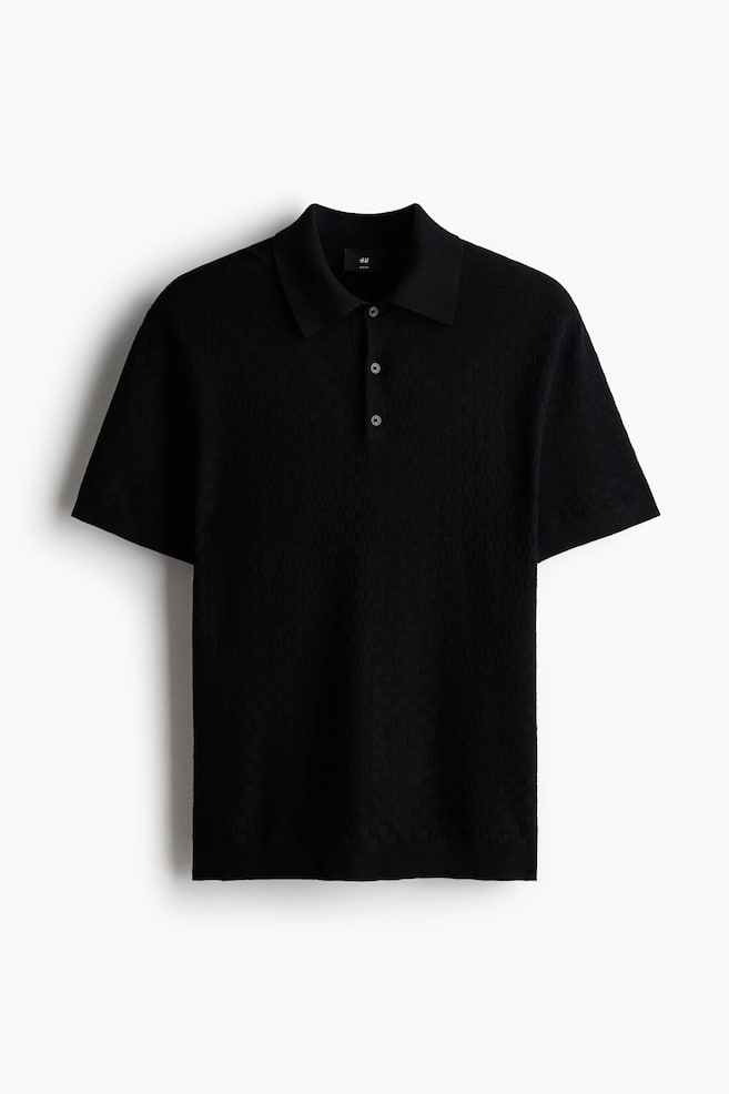 Slim Fit Textured-knit polo shirt - Black - 1