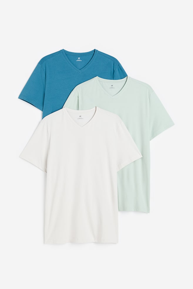 3-pack Slim Fit T-shirt med V-hals - Blå/Lys grønn/Lys gråbeige/Sort/Hvit/Beige/Grønn/Blå/Stålblå/Hvit/dc - 1