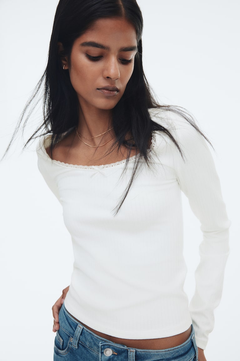 Ribbed jersey top - White - Ladies | H&M GB