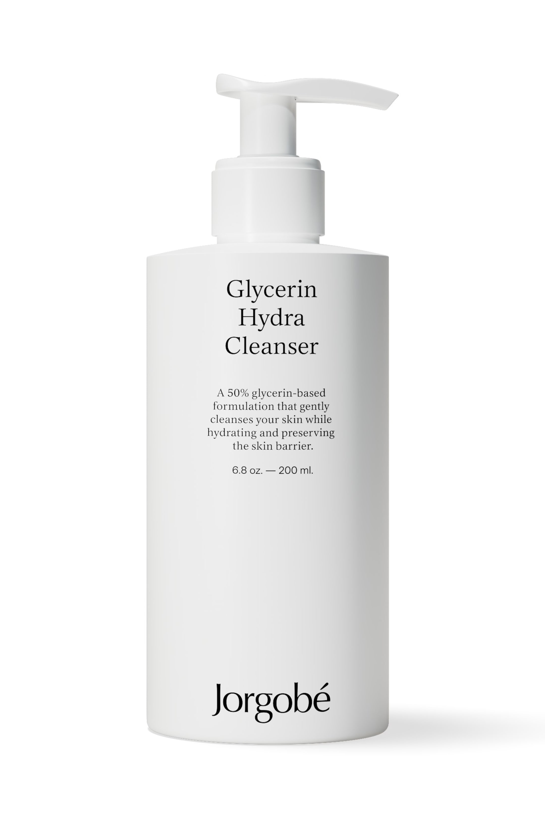 Vis større bilde: En hvit, ugjennomsiktig flaske med Jorgobé Glycerin Hydra Cleanser står oppreist og har en hvit pumpedispenser på toppen. Forsiden av flasken viser produktnavn, beskrivelse og volum i svart tekst.