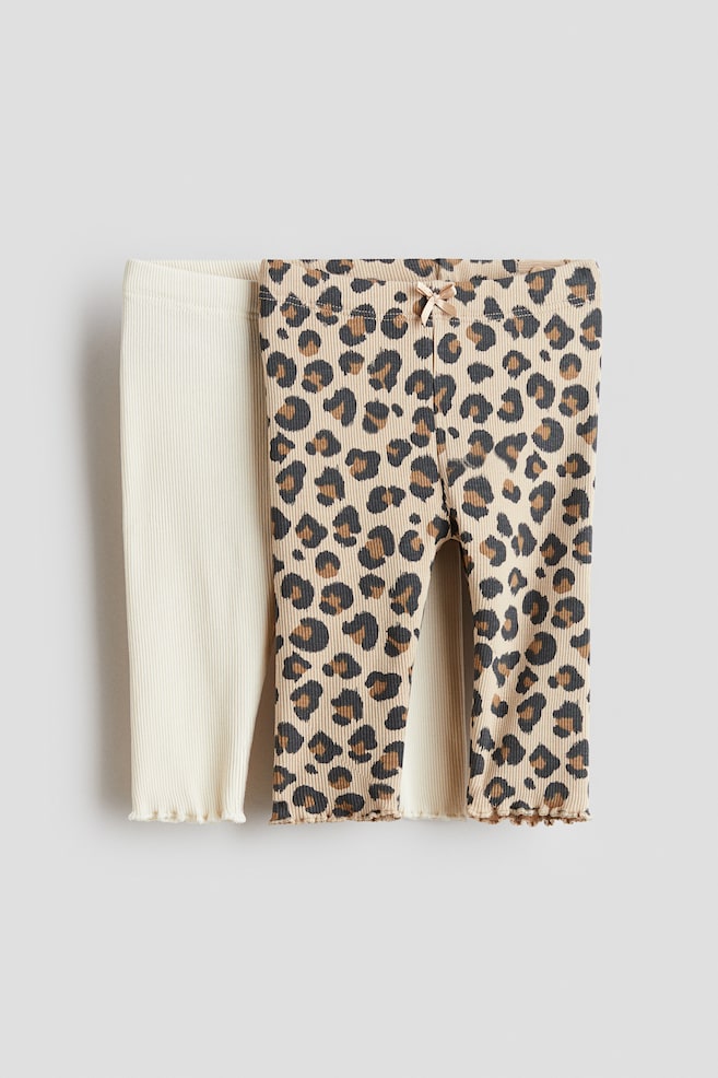 2-pack Ribbed Cotton Leggings - Cream/leopard print/Light pink/floral/Cream/leopard print/Light pink/cherries - 1