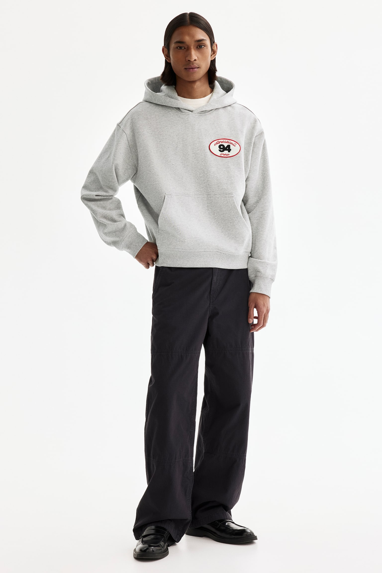 Loose Fit Motif-detail hoodie - Grey marl/94/White/Service Garments - 4