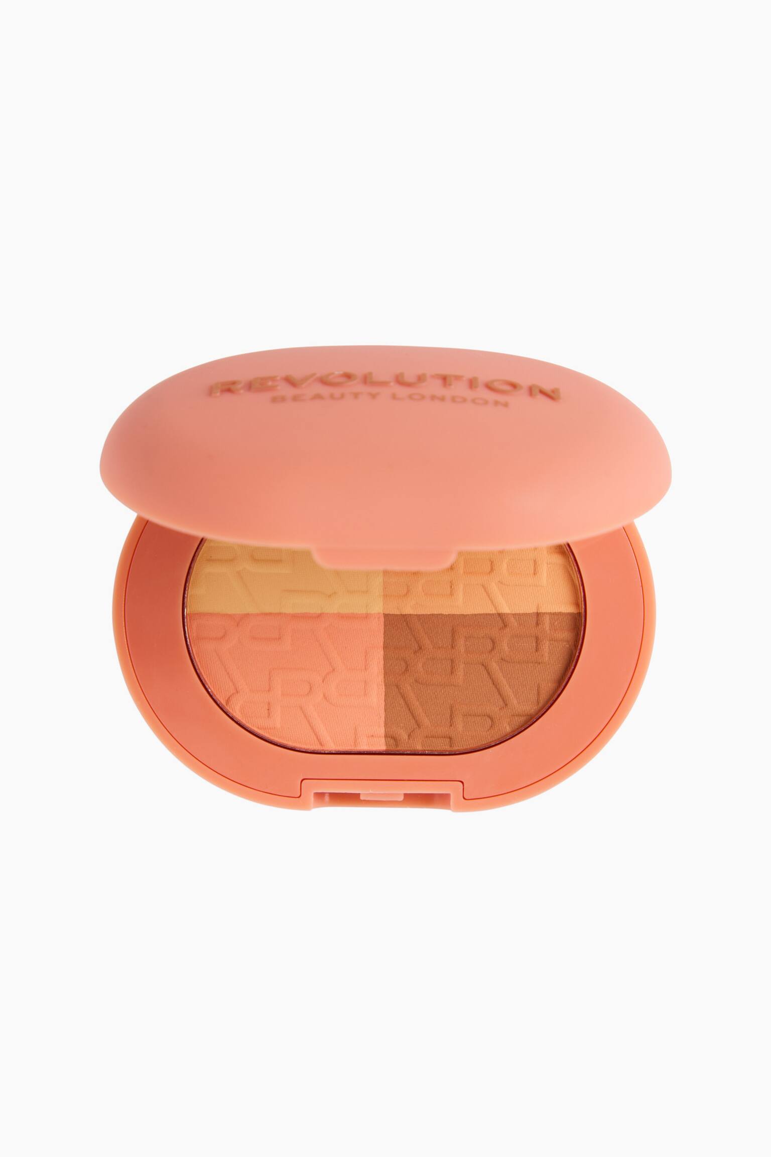 Colour Correct Powder Pops-kompakten visas upp som ett persikofÃ¤rgat, rundat ovalformat etui med locket lÃ¤tt uppfÃ¤llt fÃ¶r att visa insidan. Inuti syns en puderpanna uppdelad i fyra nyanser av gult, beige, persika och brunt, dÃ¤r varje sektion har ett prÃ¤glat, upprepat monogrammÃ¶nster. - 1