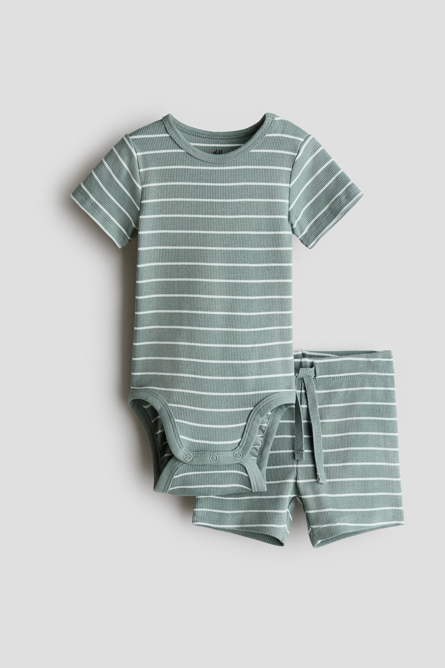 2-piece Ribbed Cotton Set - Dusty green/white striped/Light beige/striped/Cream/bears/Light blue/dinosaurs/White/cherries/Cream/bears/Dusty green/bear/Light pink/striped