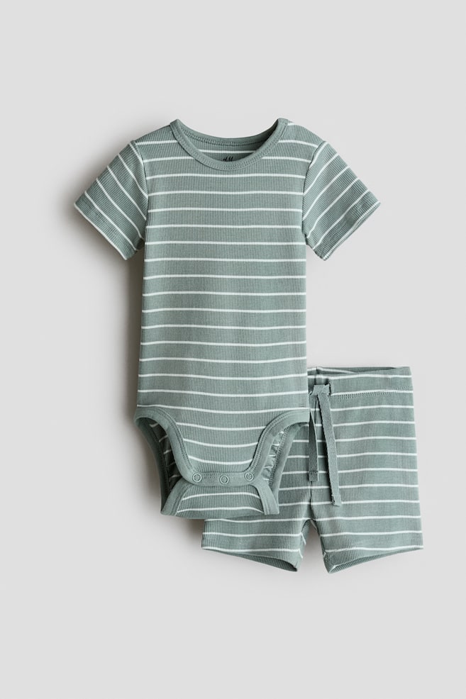 Conjunto de 2 piezas en punto de canalé de algodón - Verde empolvado/Rayas blancas/Azul claro/Dinosaurios/Crema/Osos/Blanco/Cerezas/Rosa claro/Rayas/Beige claro/Rayas/Crema/Osos - 1