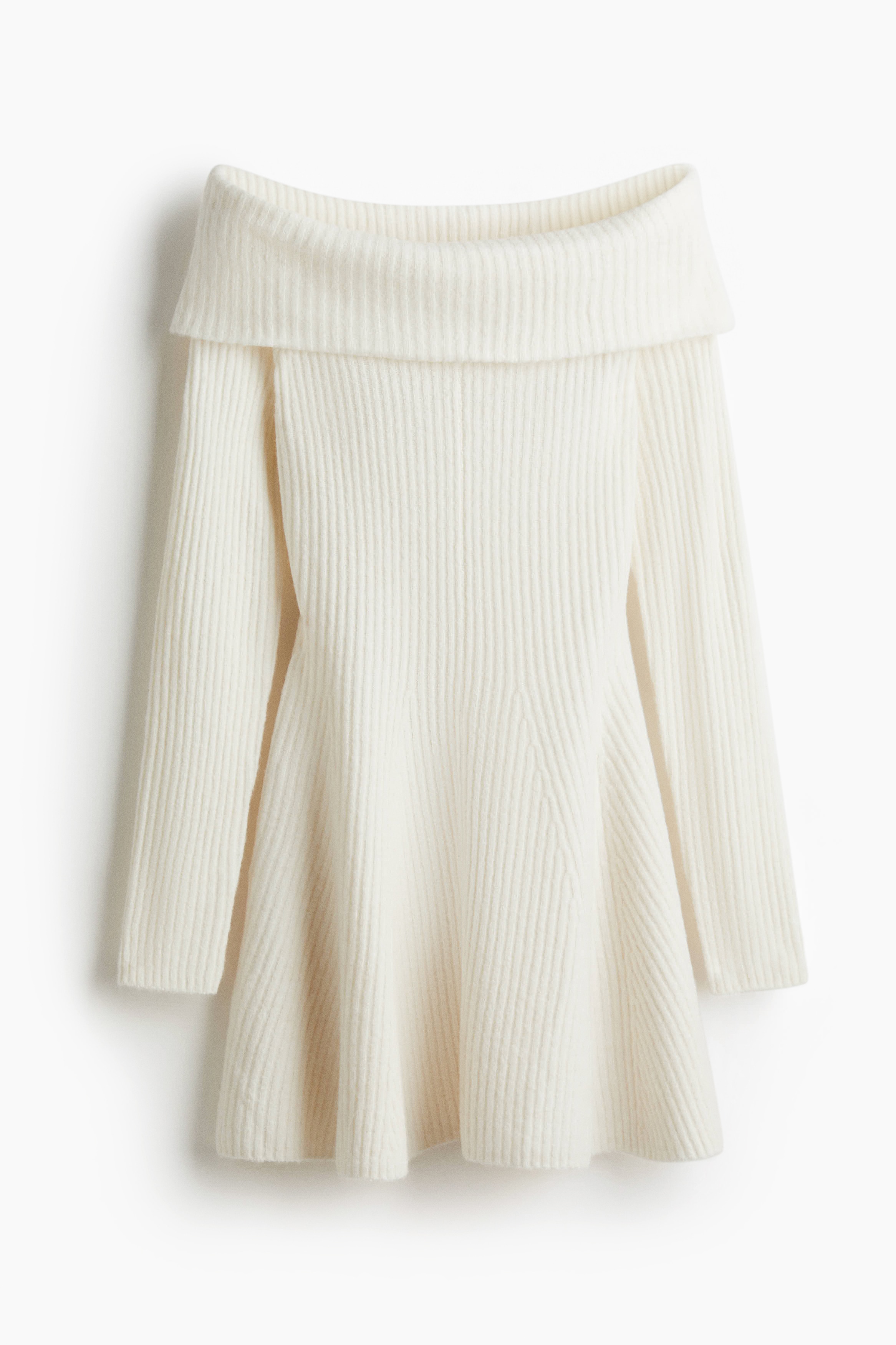 Rib-Knit Off-the-Shoulder Dress - Cream/Red/Dark gray melange/Dark khaki green/Beige melange